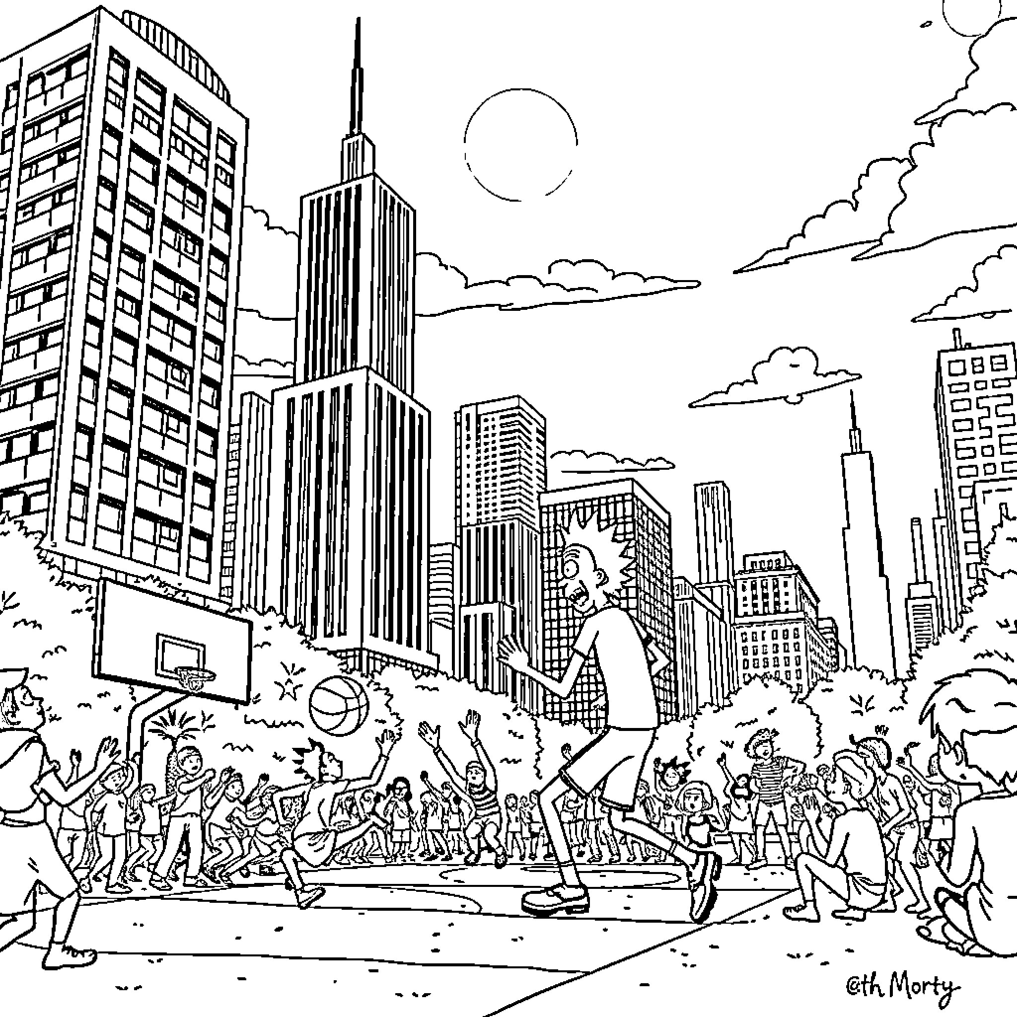 Rick's epic basketball showdown in the city Coloring Page (free black-and-white line drawing printable PDF for all, from beginners to advanced learners, including children, teens, adults, and seniors)