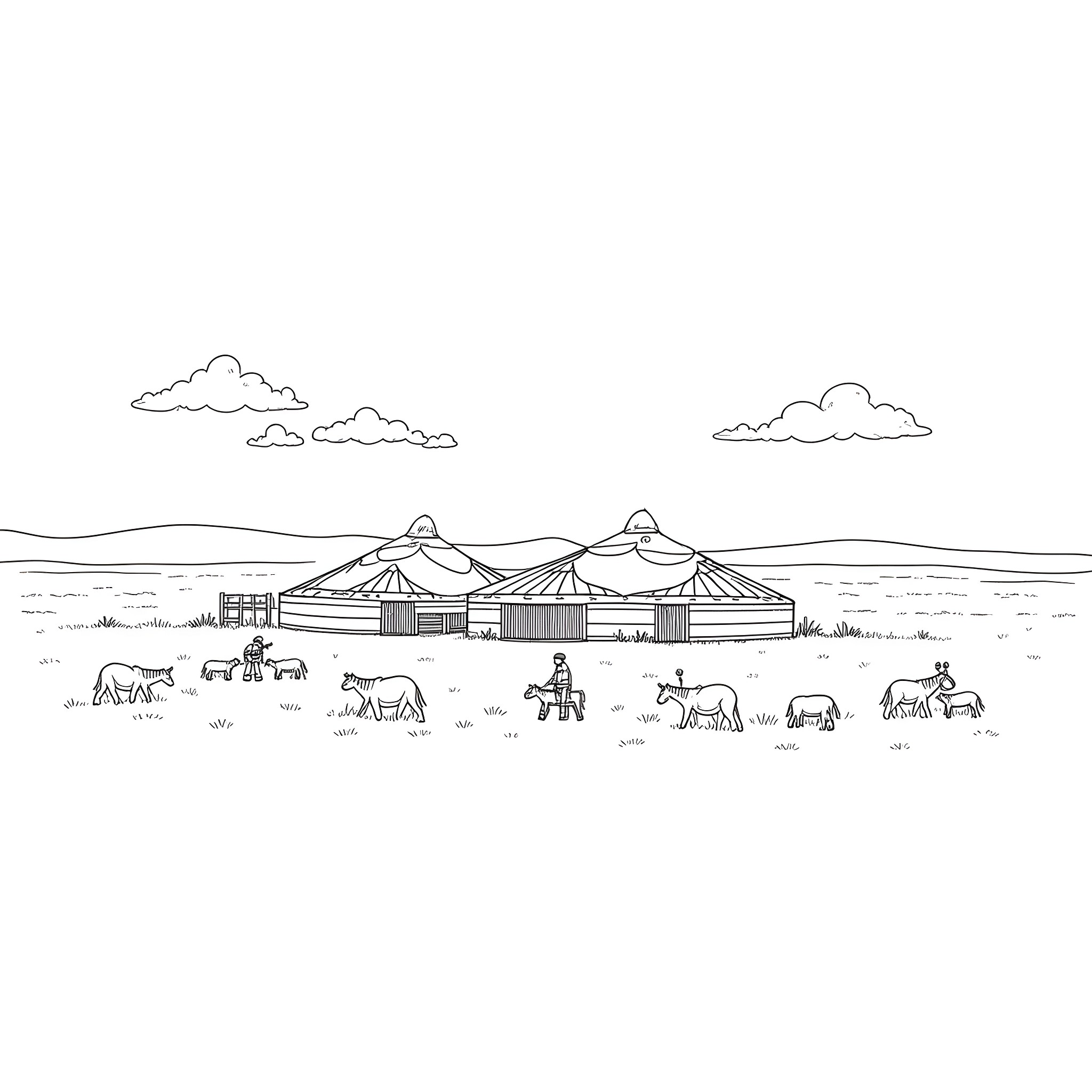 Mongolian Nomad Encampment with Yurts and Grazing Livestock Coloring Page (free black-and-white line drawing printable PDF for all, from beginners to advanced learners, including children, teens, adults, and seniors)