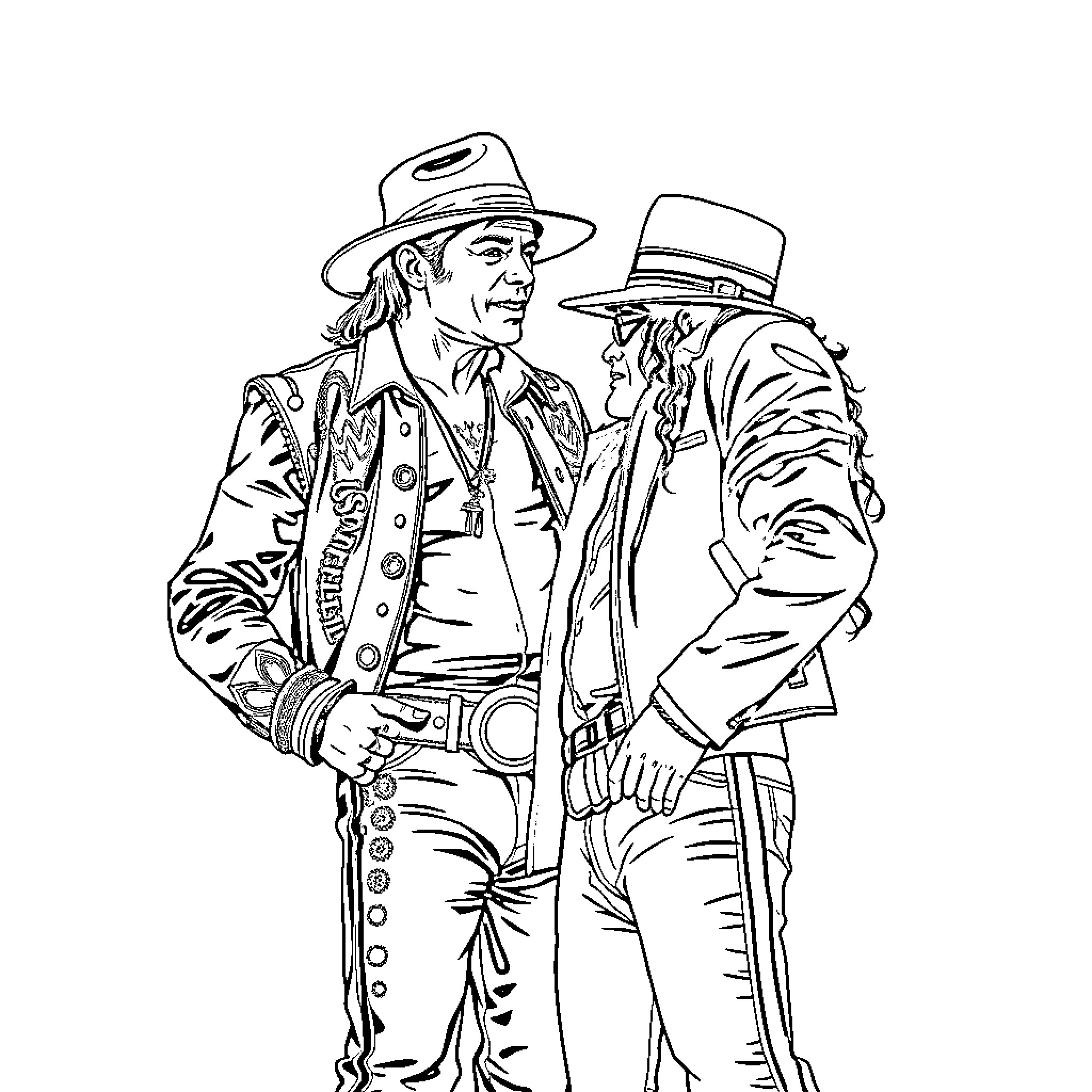 Shawn Michaels in Cowboy Attire with Companion Coloring Page (free black-and-white line drawing printable PDF for all, from beginners to advanced learners, including children, teens, adults, and seniors)