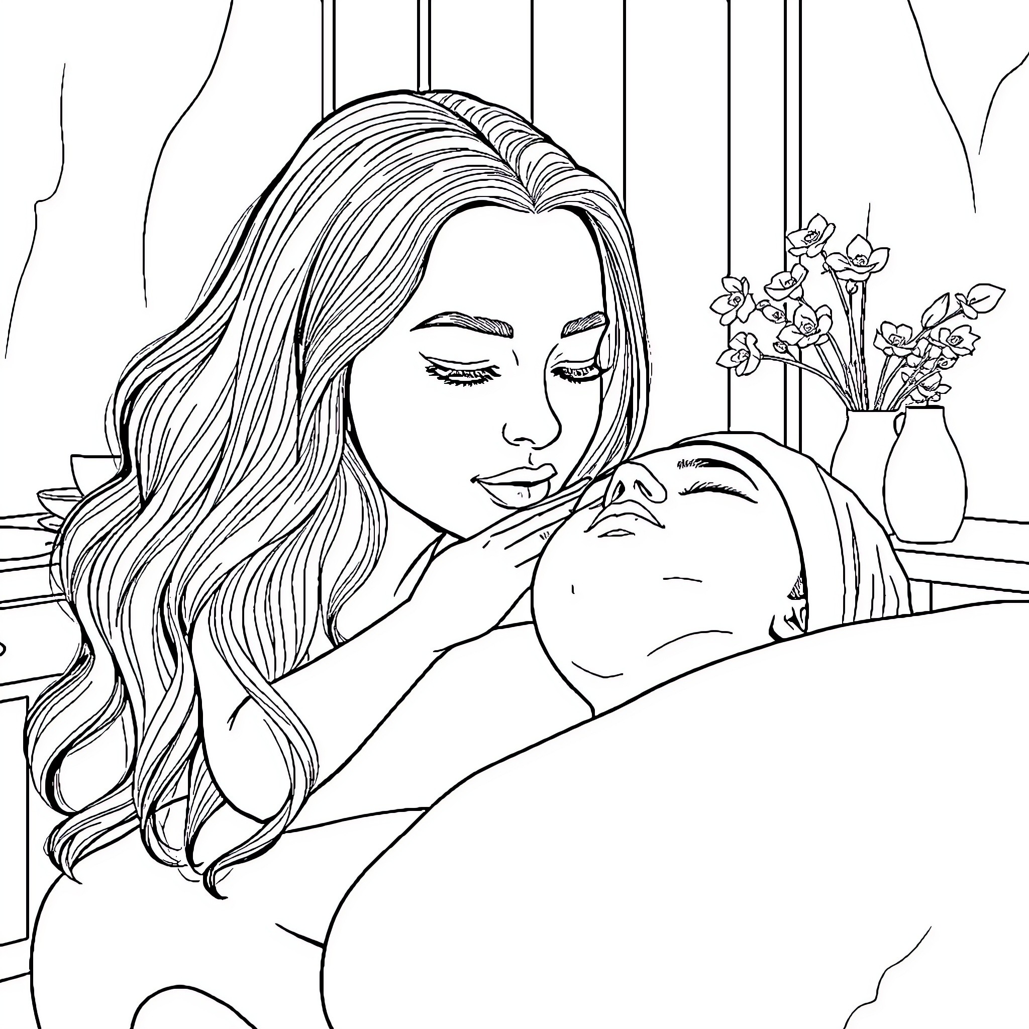 Sydney Sweeney Holding a Sleeping Baby Coloring Page (free black-and-white line drawing printable PDF for all, from beginners to advanced learners, including children, teens, adults, and seniors)