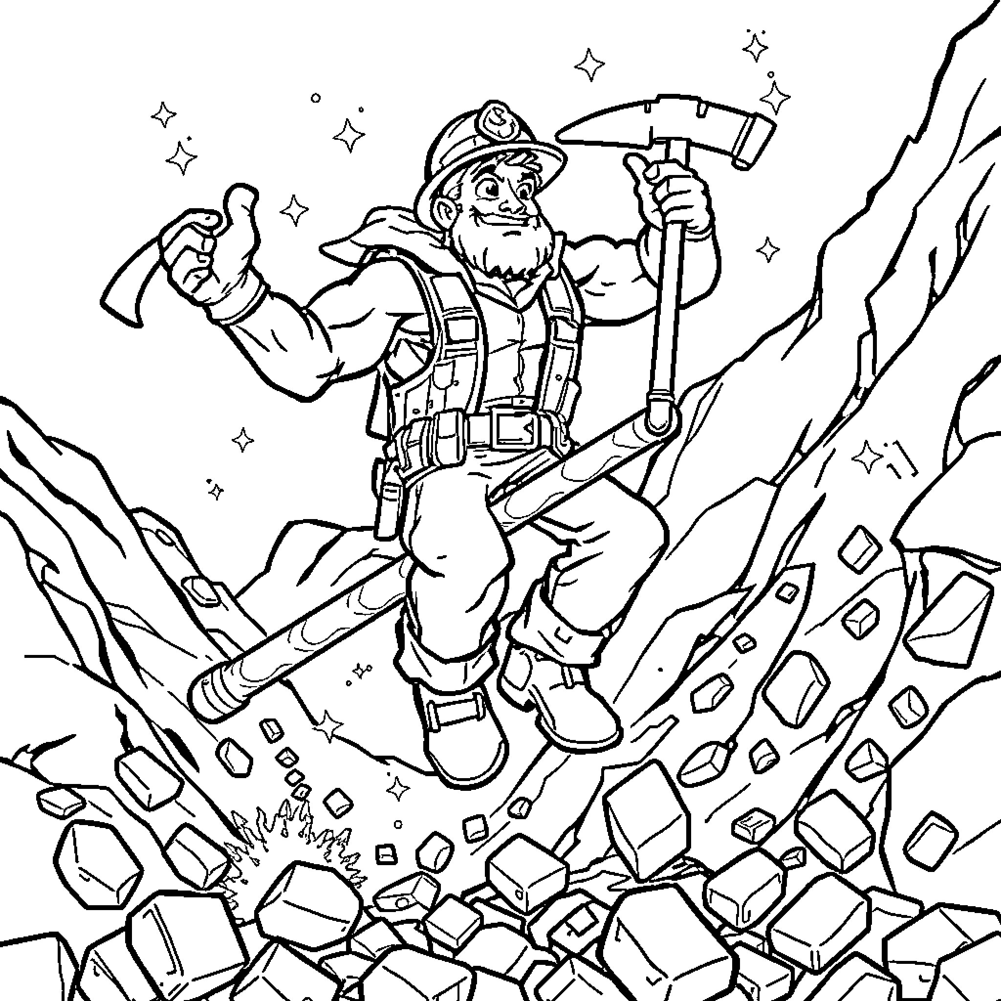 Gold Miner Exploring Rugged Terrain with Determination Coloring Page (free black-and-white line drawing printable PDF for all, from beginners to advanced learners, including children, teens, adults, and seniors)