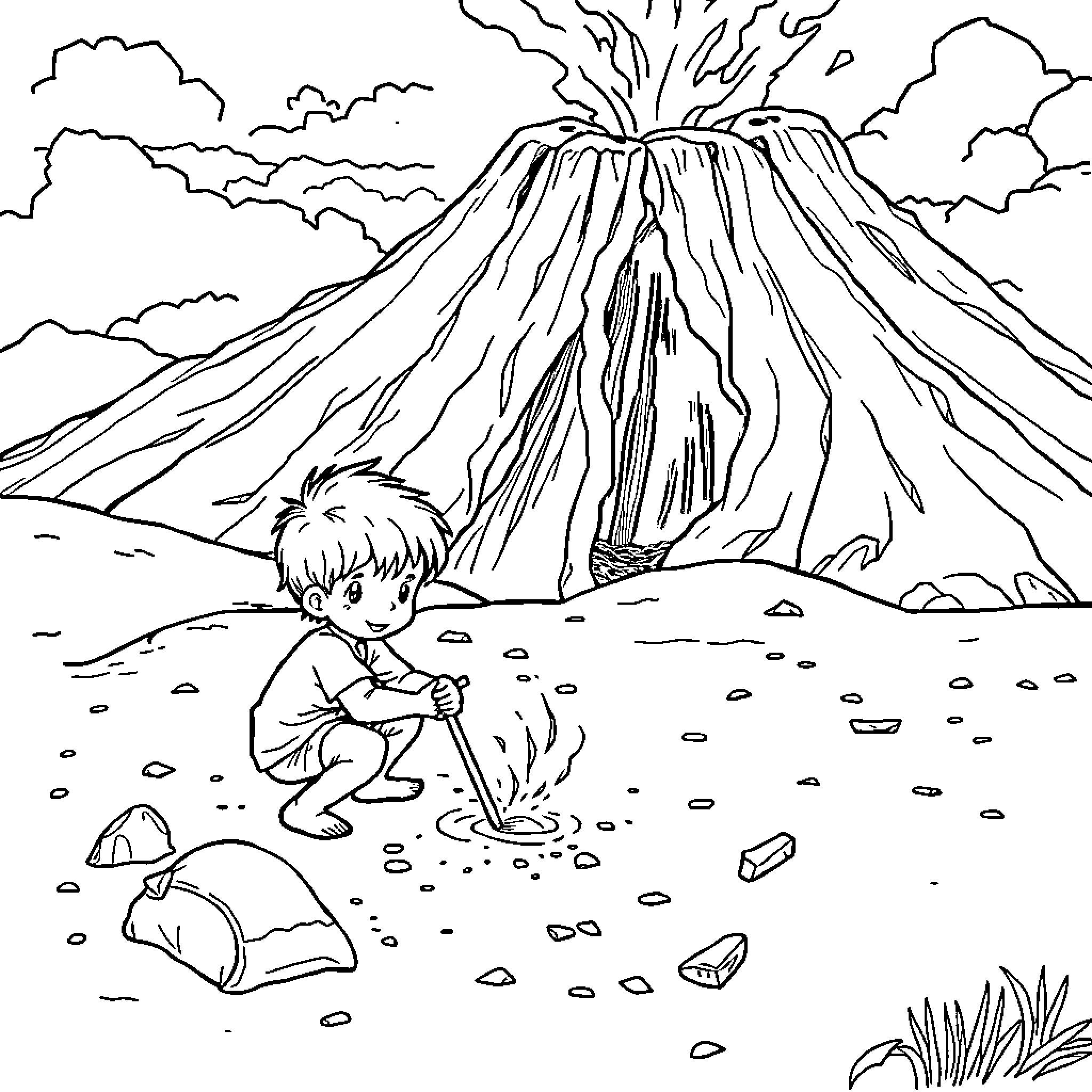 Boy Exploring the Volcanic Landscape Coloring Page (free black-and-white line drawing printable PDF for all, from beginners to advanced learners, including children, teens, adults, and seniors)