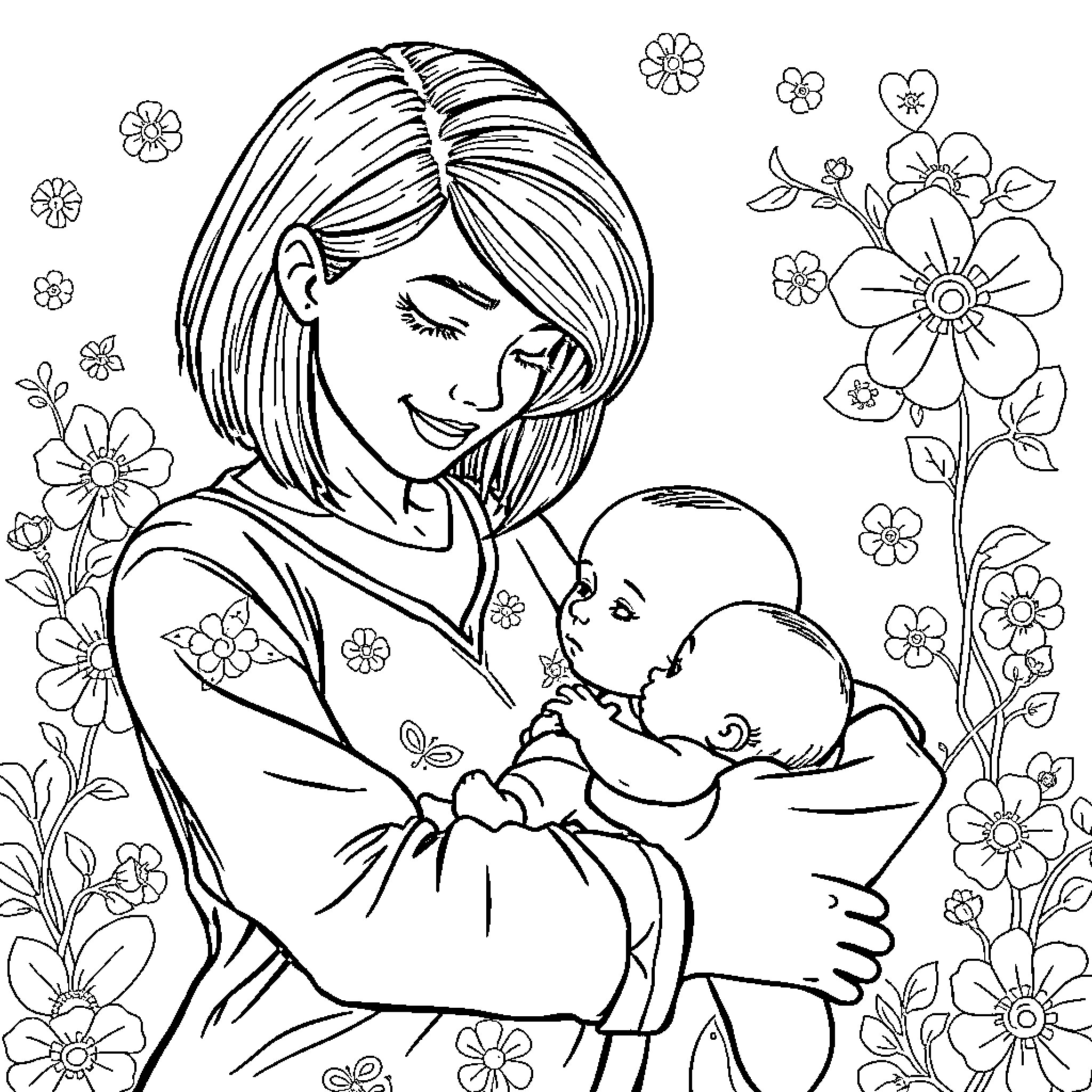 Familia's Tender Embrace with Floral Delight Coloring Page (free black-and-white line drawing printable PDF for all, from beginners to advanced learners, including children, teens, adults, and seniors)