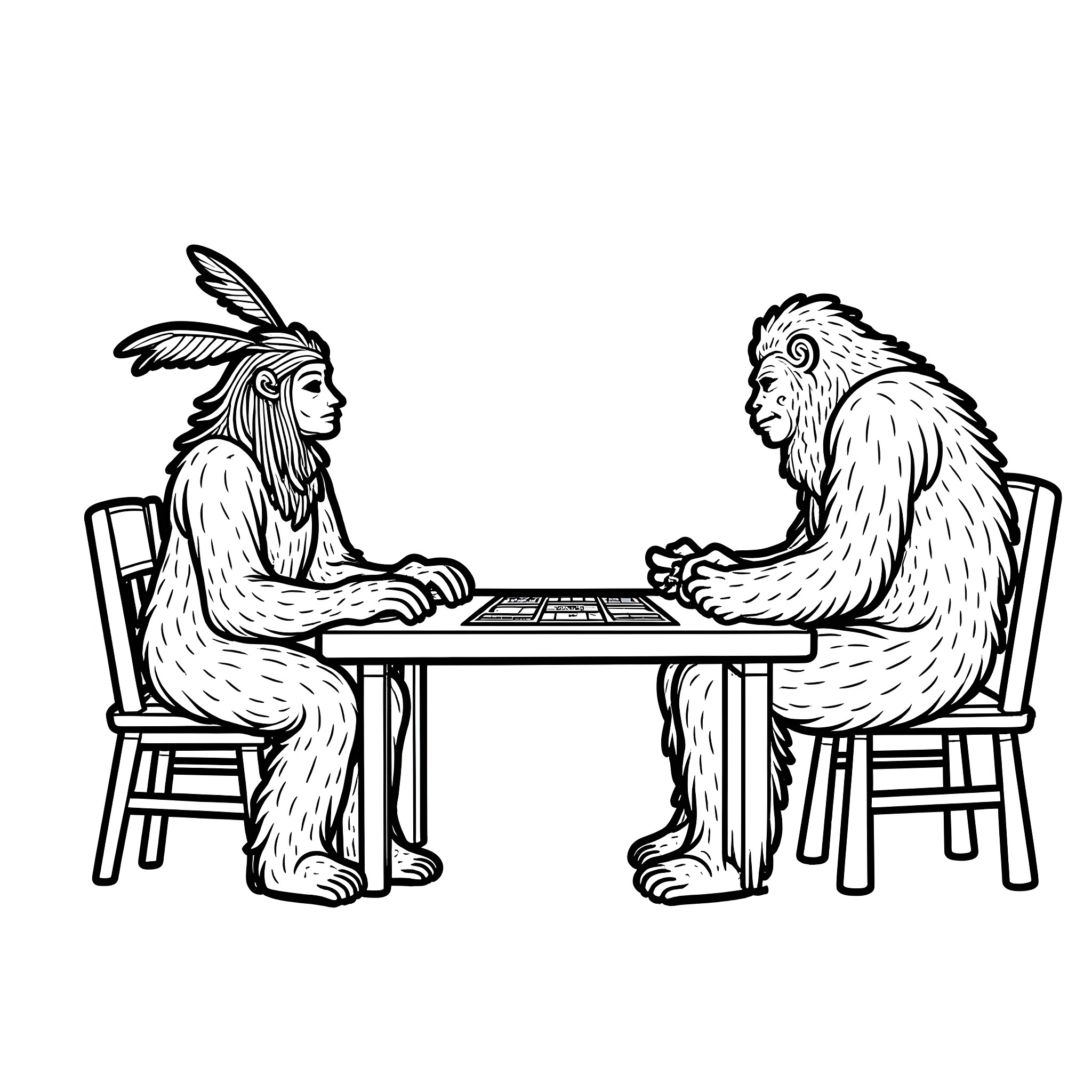 Wendigo playing checkers with yeti Coloring Page (free black-and-white line drawing printable PDF for all, from beginners to advanced learners, including children, teens, adults, and seniors)