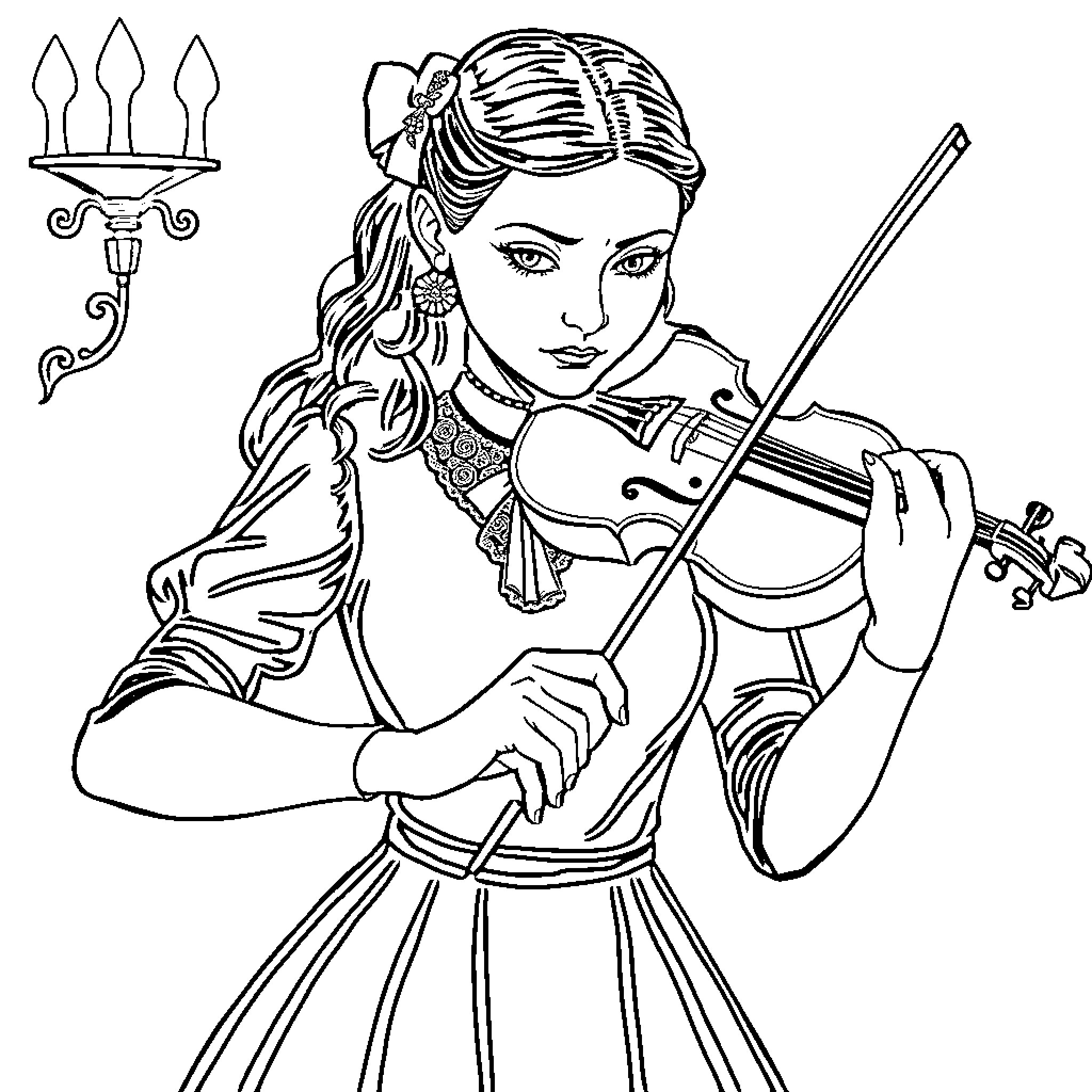 Wednesday's Melodious Musical Performance Coloring Page (free black-and-white line drawing printable PDF for all, from beginners to advanced learners, including children, teens, adults, and seniors)