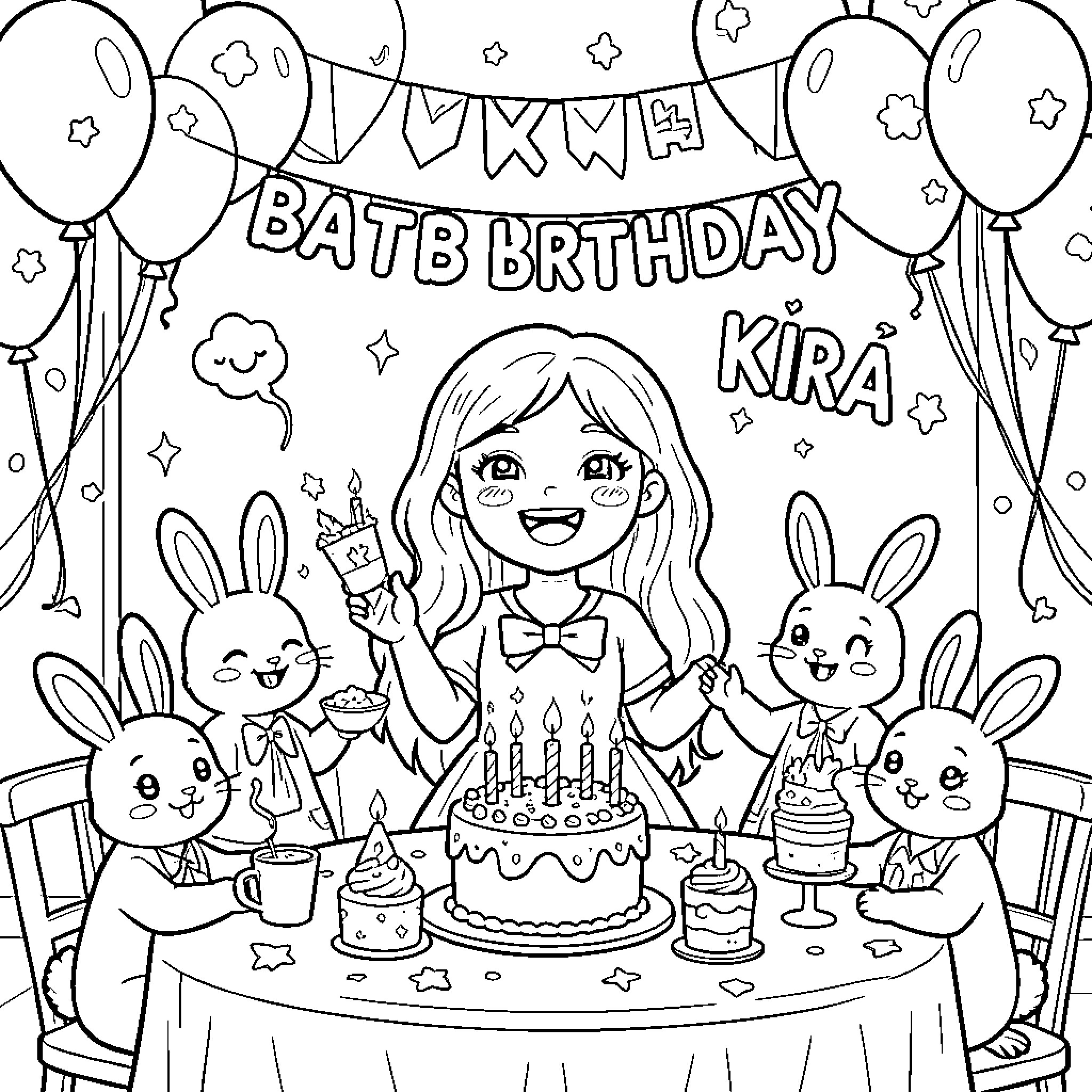 Bunny friends celebrating a girl's birthday party Coloring Page (free black-and-white line drawing printable PDF for all, from beginners to advanced learners, including children, teens, adults, and seniors)