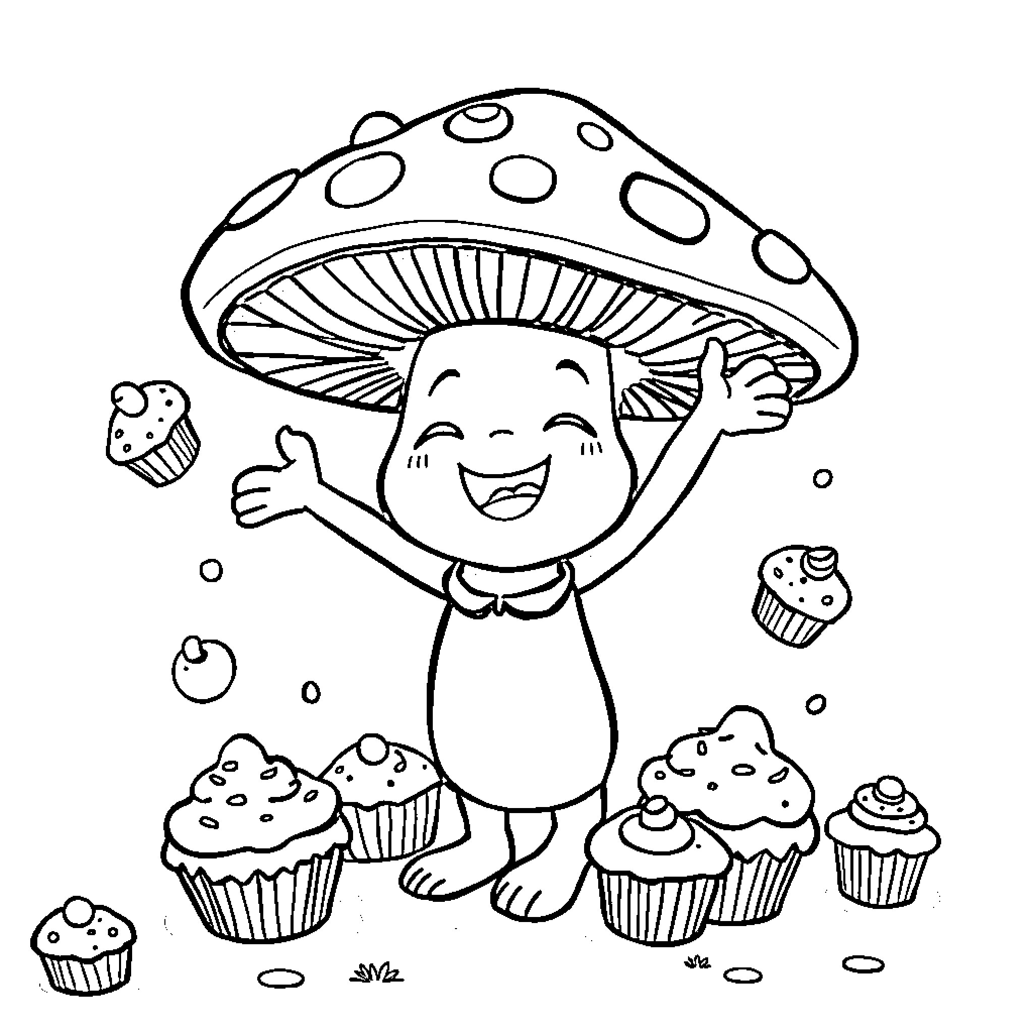 Mushroom character enjoying cupcakes Coloring Page (free black-and-white line drawing printable PDF for all, from beginners to advanced learners, including children, teens, adults, and seniors)