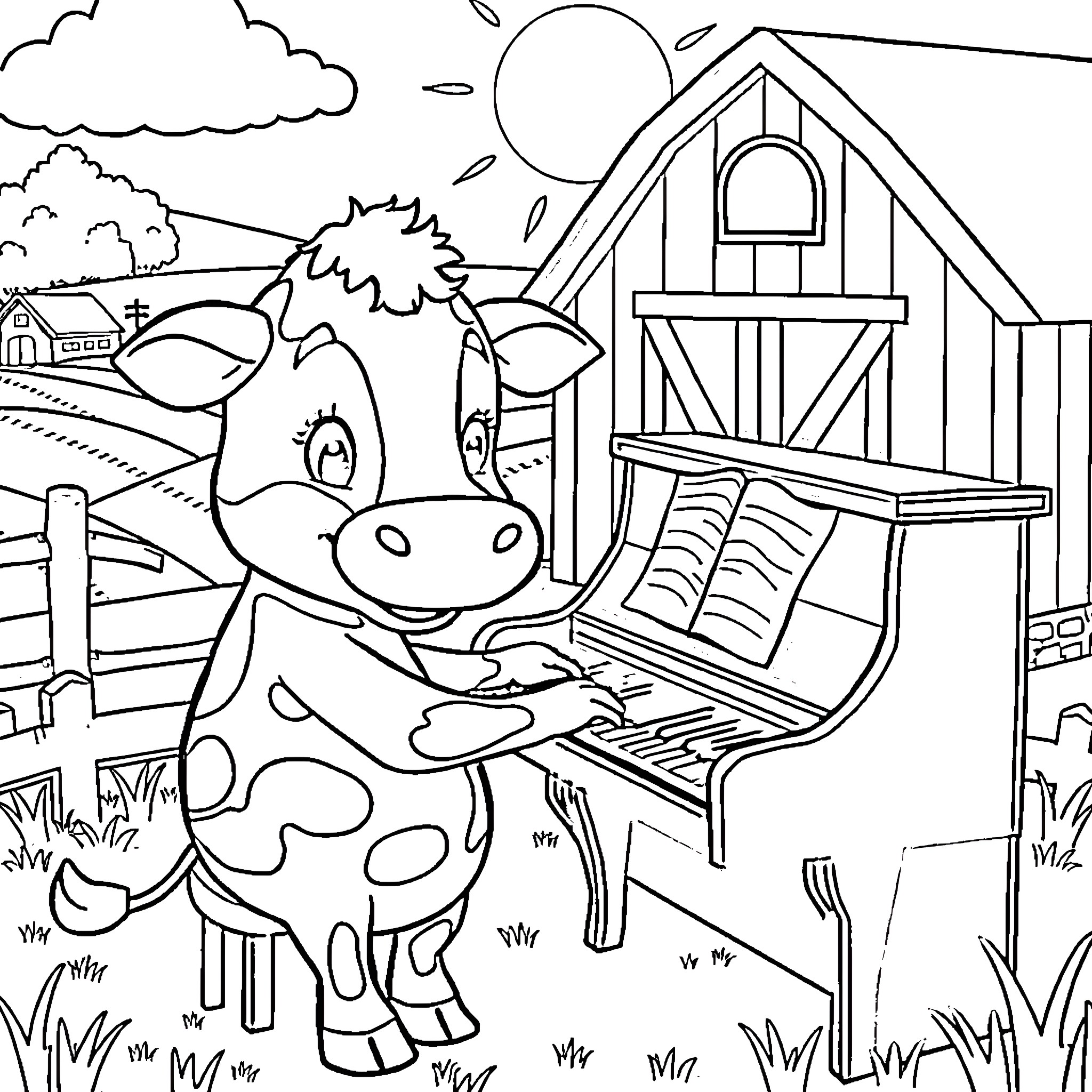Cow reading a book in the farmyard Coloring Page (free black-and-white line drawing printable PDF for all, from beginners to advanced learners, including children, teens, adults, and seniors)