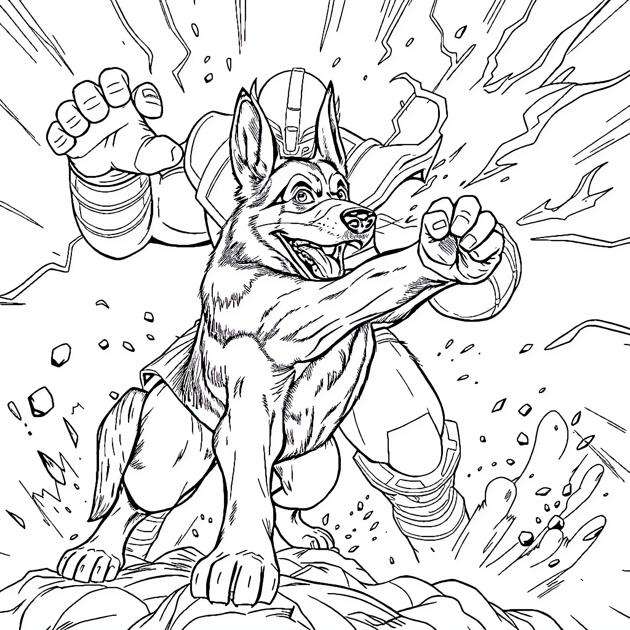 German Shepherd in action-packed pose Coloring Page (free black-and-white line drawing printable PDF for all, from beginners to advanced learners, including children, teens, adults, and seniors)