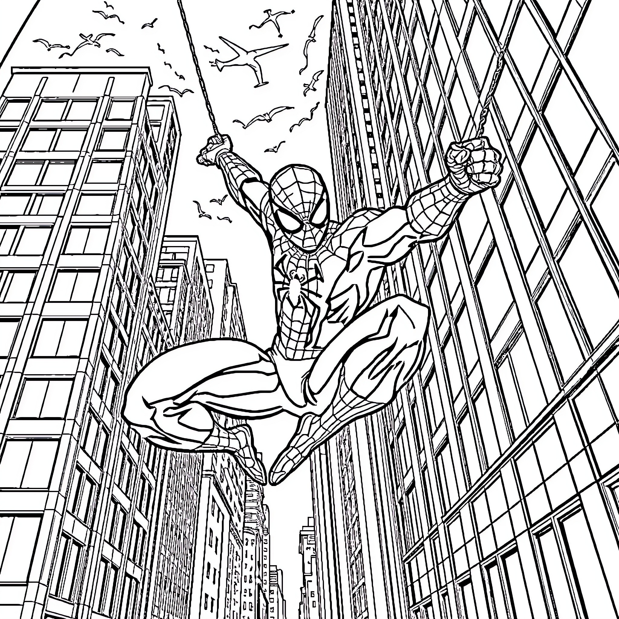 Spiderman swinging through the city skyline Coloring Page (free black-and-white line drawing printable PDF for all, from beginners to advanced learners, including children, teens, adults, and seniors)