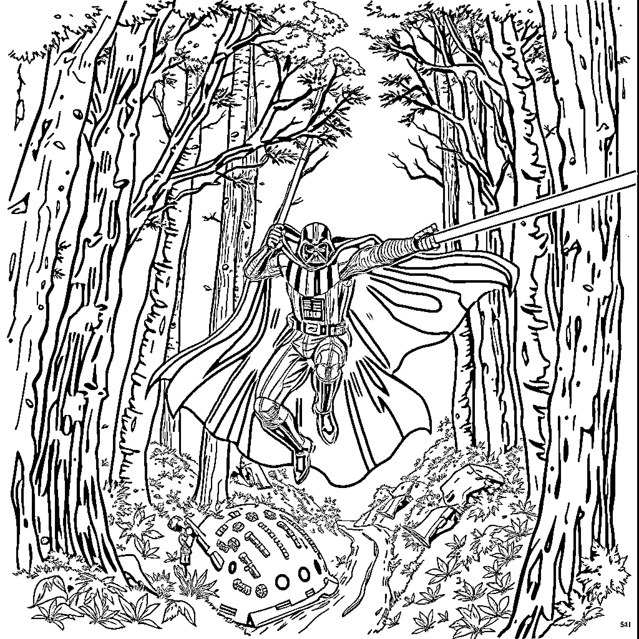 Darth Vader Walks Through the Mystical Forest Coloring Page (free black-and-white line drawing printable PDF for all, from beginners to advanced learners, including children, teens, adults, and seniors)