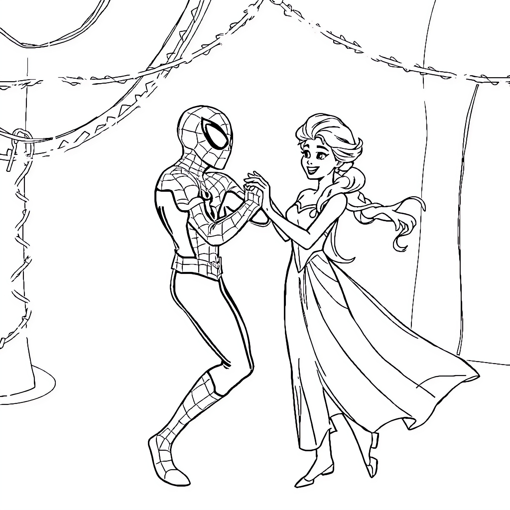 Spider-Man and Princess Dancing Together Coloring Page (free black-and-white line drawing printable PDF for all, from beginners to advanced learners, including children, teens, adults, and seniors)