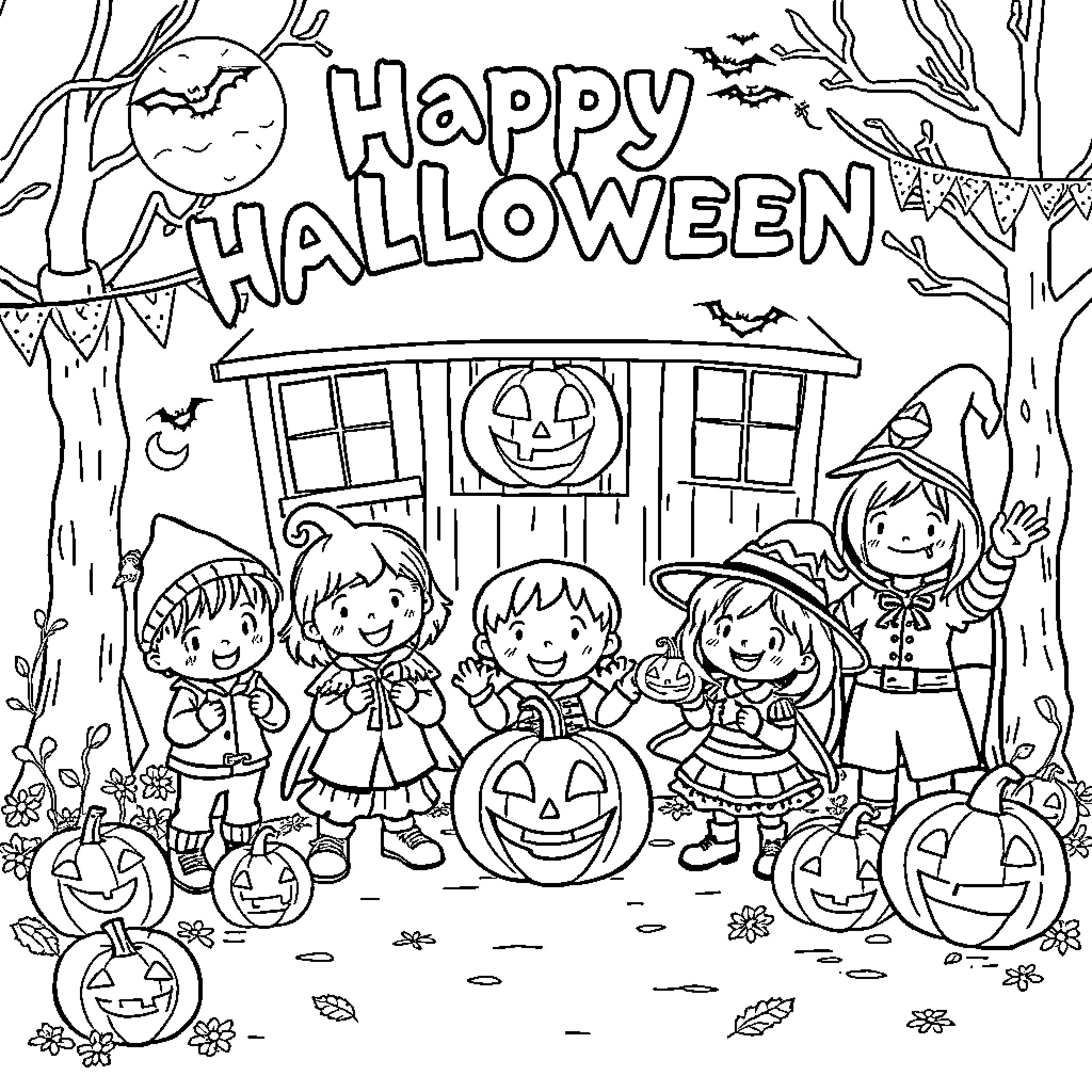 Halloween party with costumed kids and carved pumpkins Coloring Page (free black-and-white line drawing printable PDF for all, from beginners to advanced learners, including children, teens, adults, and seniors)