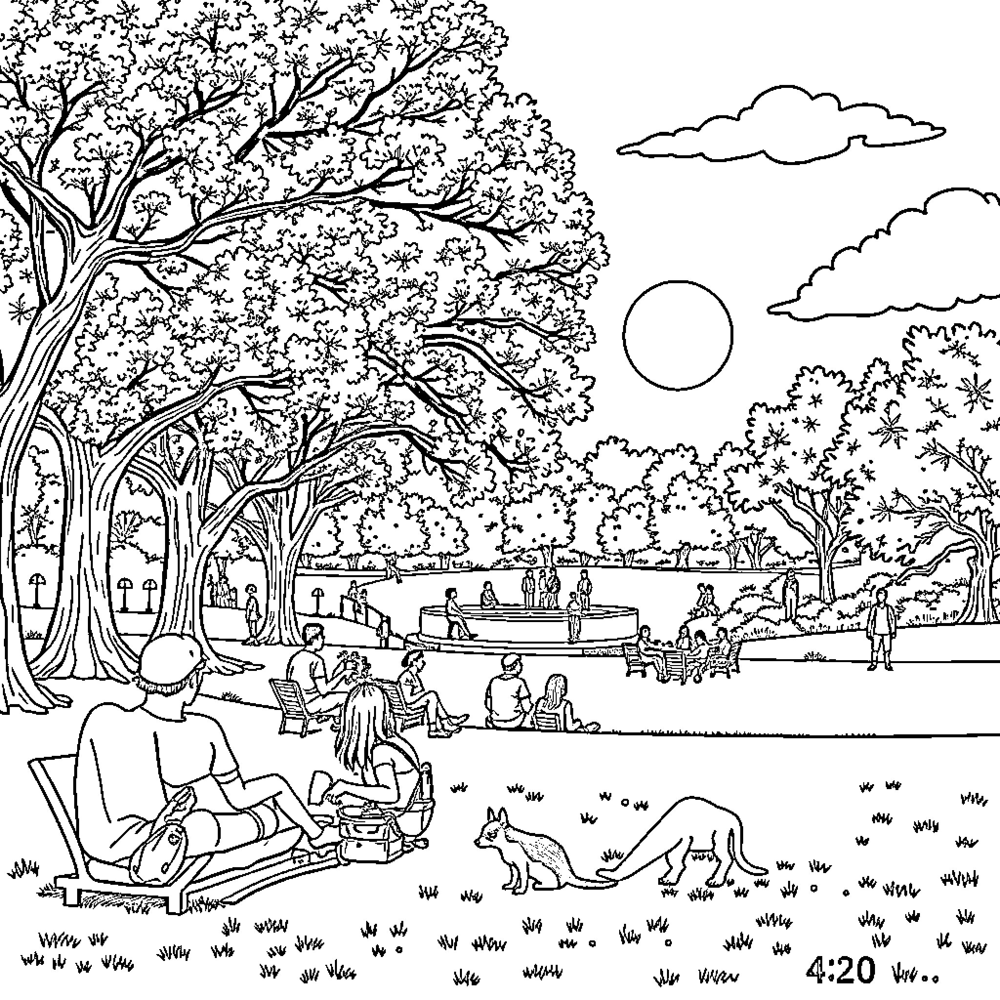 Time in the Peaceful Park Scenery Coloring Page (free black-and-white line drawing printable PDF for all, from beginners to advanced learners, including children, teens, adults, and seniors)