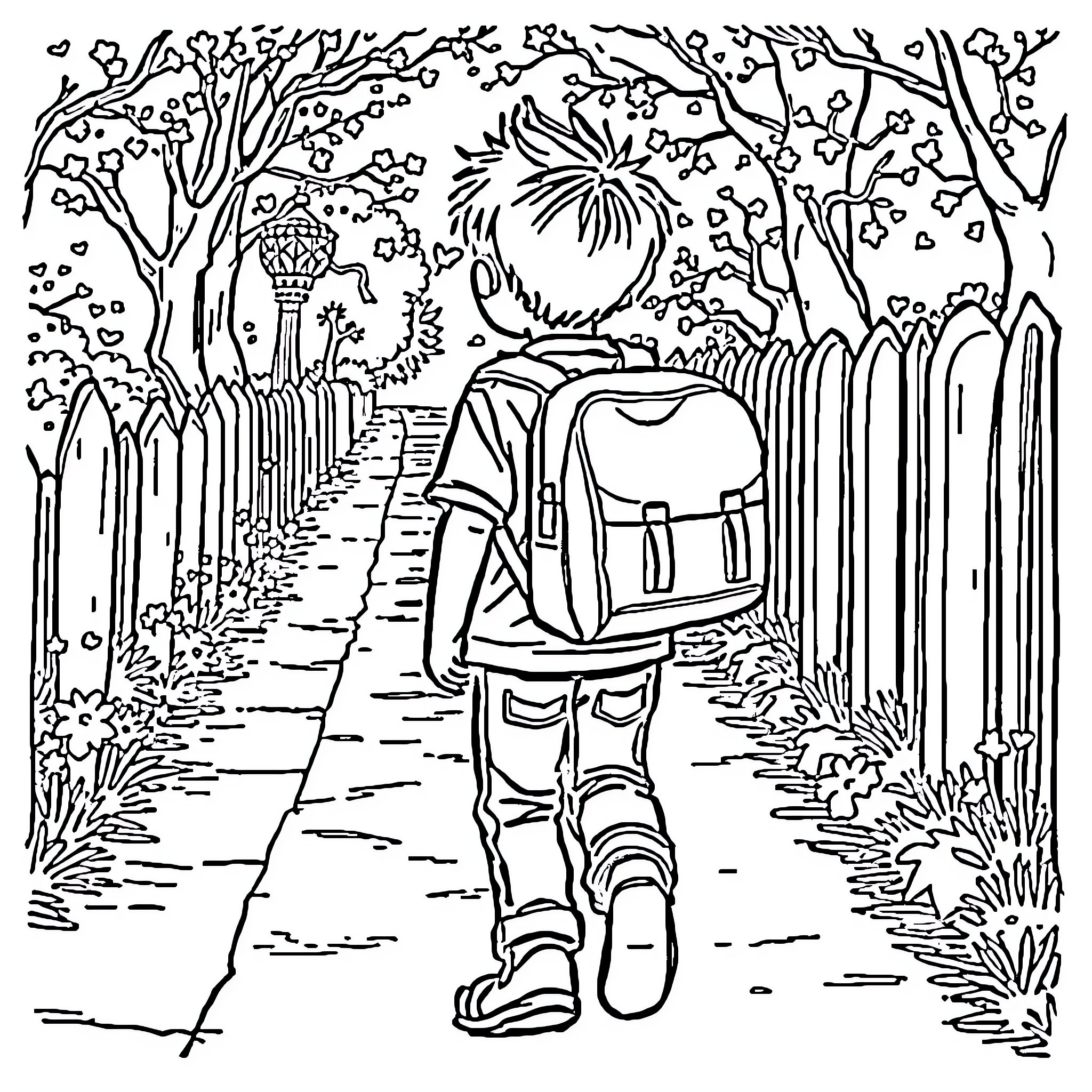 Child walking on path through enchanted forest Coloring Page (free black-and-white line drawing printable PDF for all, from beginners to advanced learners, including children, teens, adults, and seniors)
