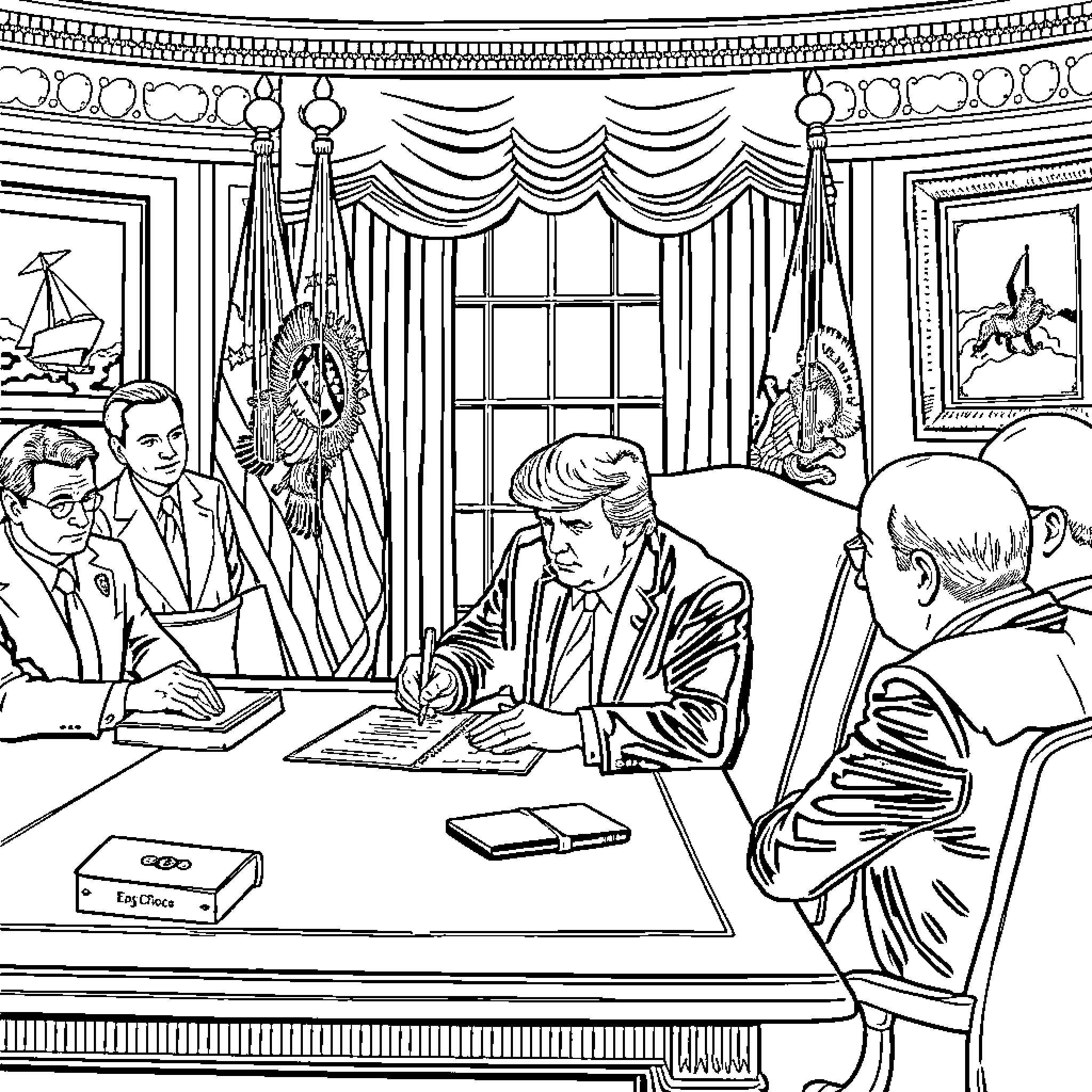 Trump Meeting with Advisors in the Oval Office Coloring Page (free black-and-white line drawing printable PDF for all, from beginners to advanced learners, including children, teens, adults, and seniors)