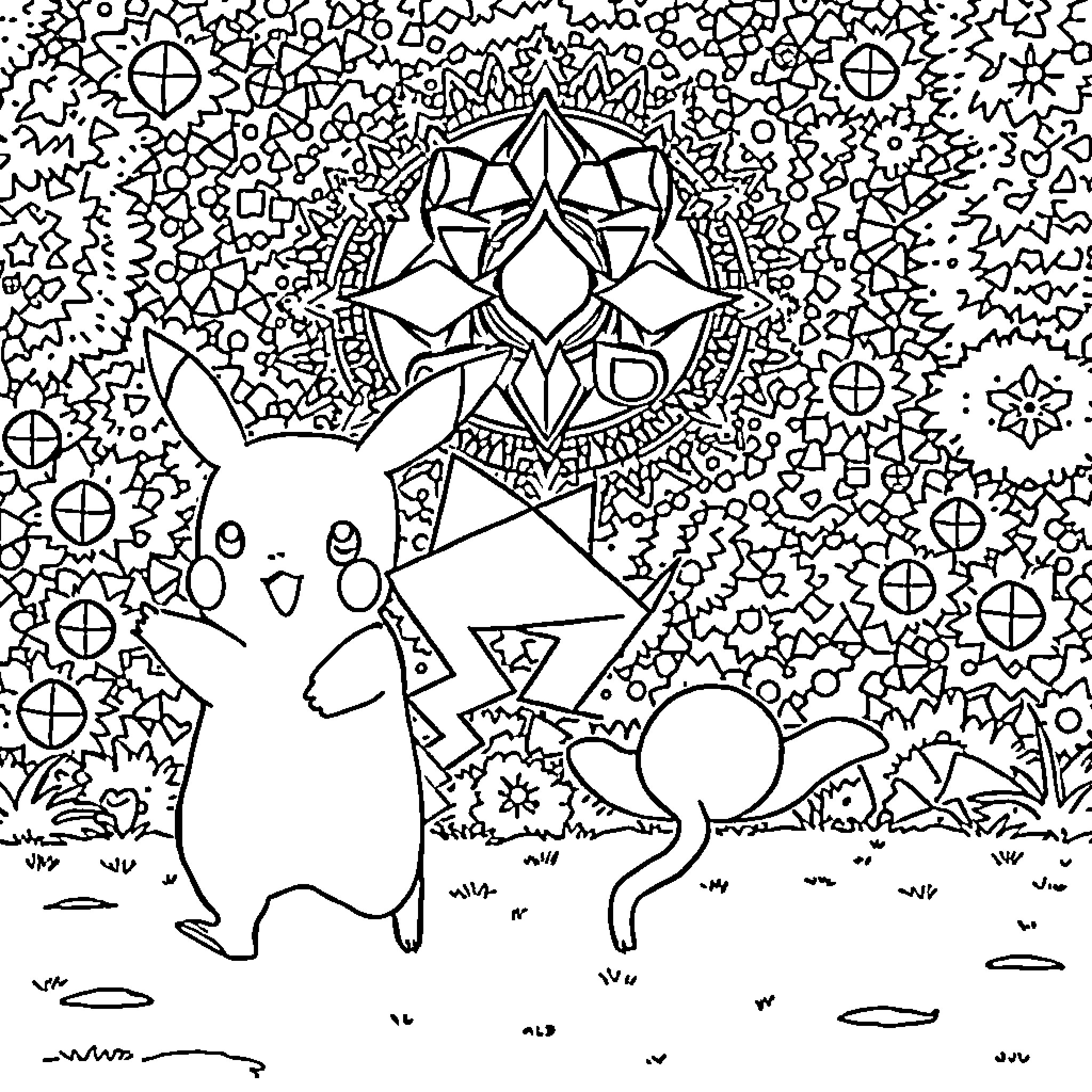 Pikachu Exploring Whimsical Geometric Wonderland Coloring Page (free black-and-white line drawing printable PDF for all, from beginners to advanced learners, including children, teens, adults, and seniors)