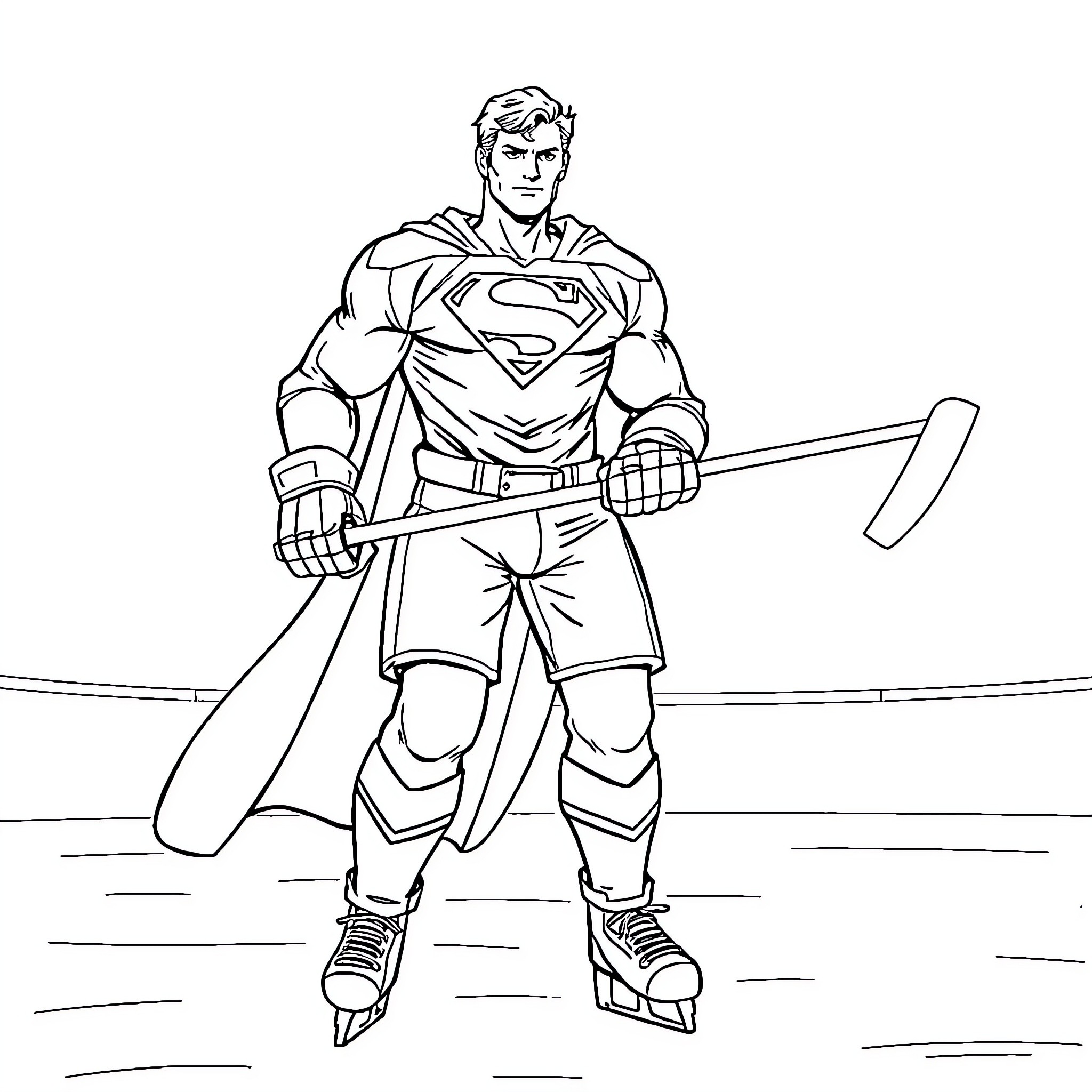 Superman wielding hockey stick on ice rink Coloring Page (free black-and-white line drawing printable PDF for all, from beginners to advanced learners, including children, teens, adults, and seniors)