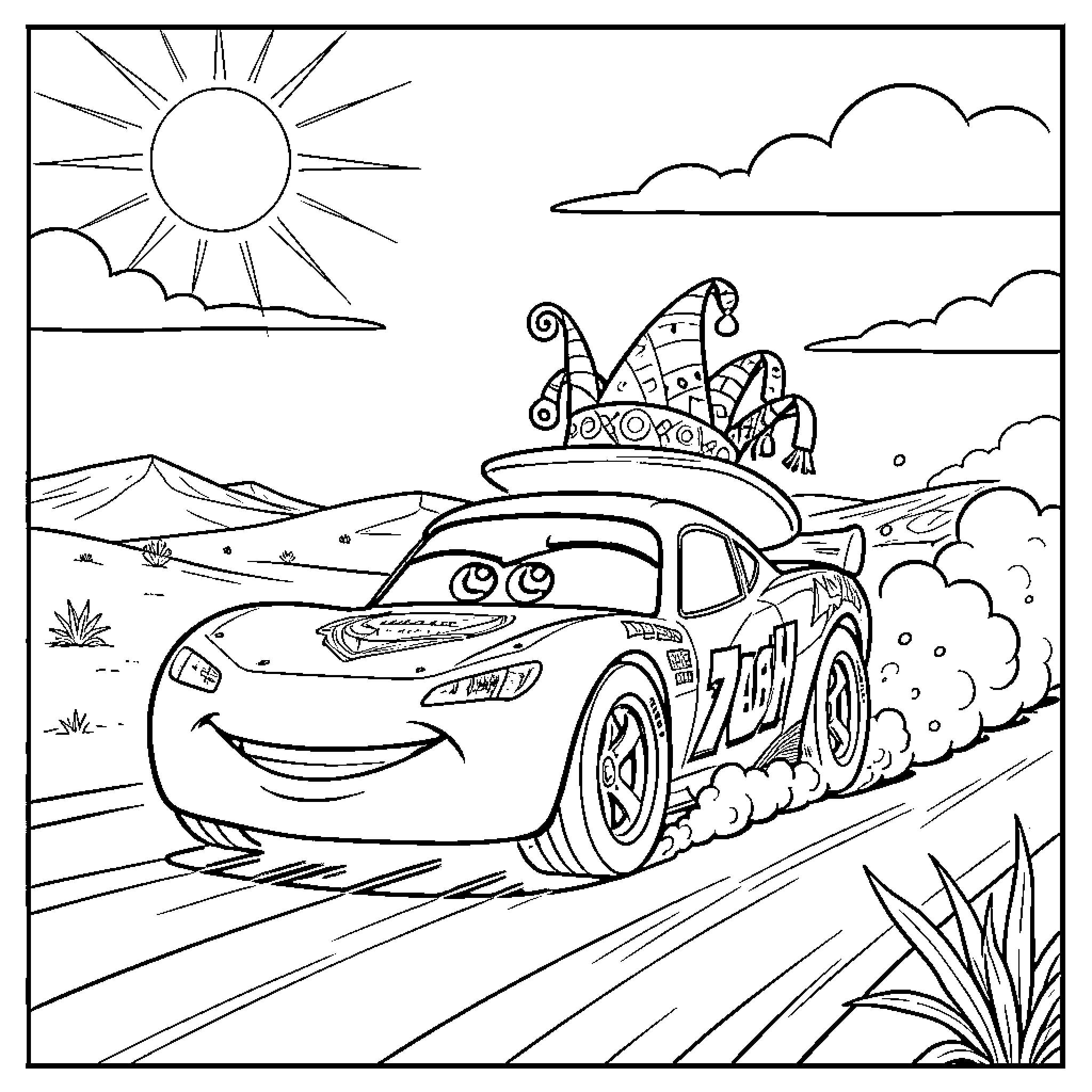 Flash McQueen's Colorful Desert Adventure Coloring Page (free black-and-white line drawing printable PDF for all, from beginners to advanced learners, including children, teens, adults, and seniors)