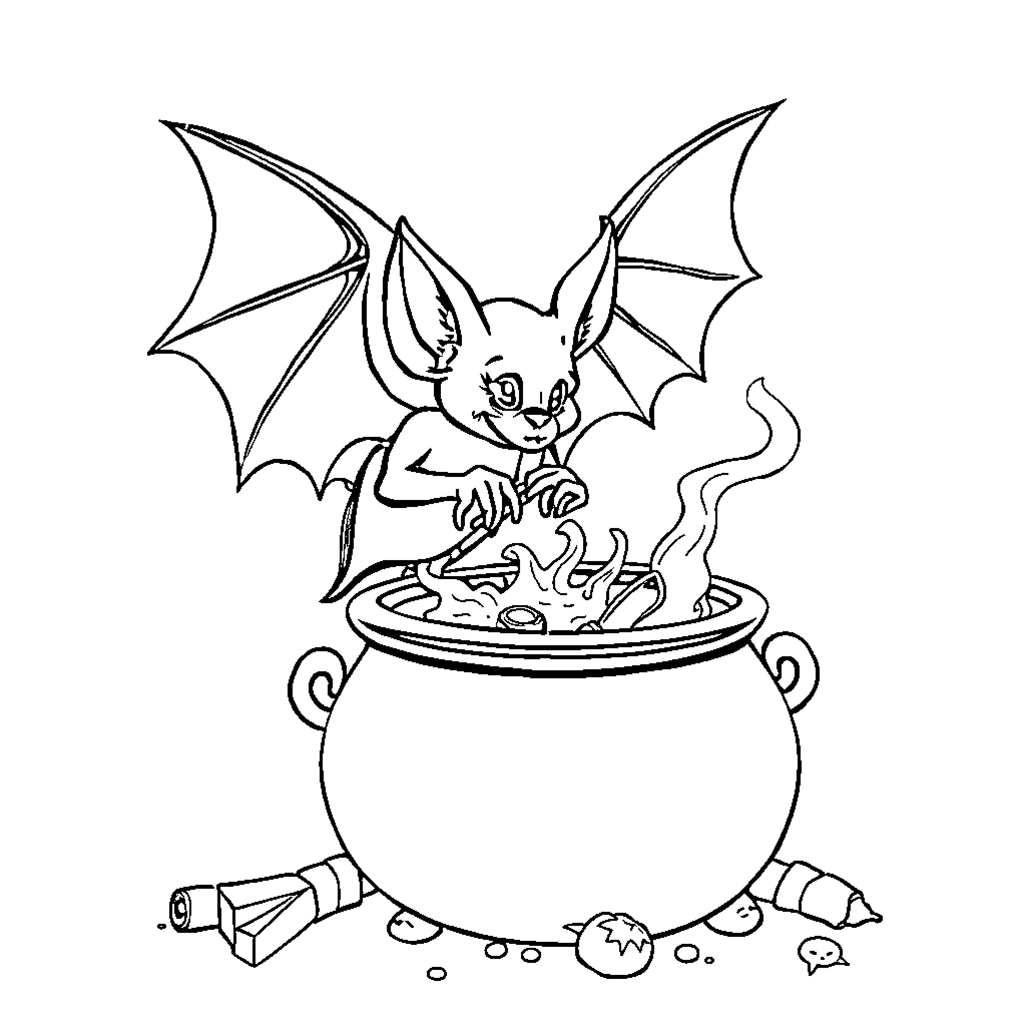 Bat brewing magical potion in cauldron Coloring Page (free black-and-white line drawing printable PDF for all, from beginners to advanced learners, including children, teens, adults, and seniors)