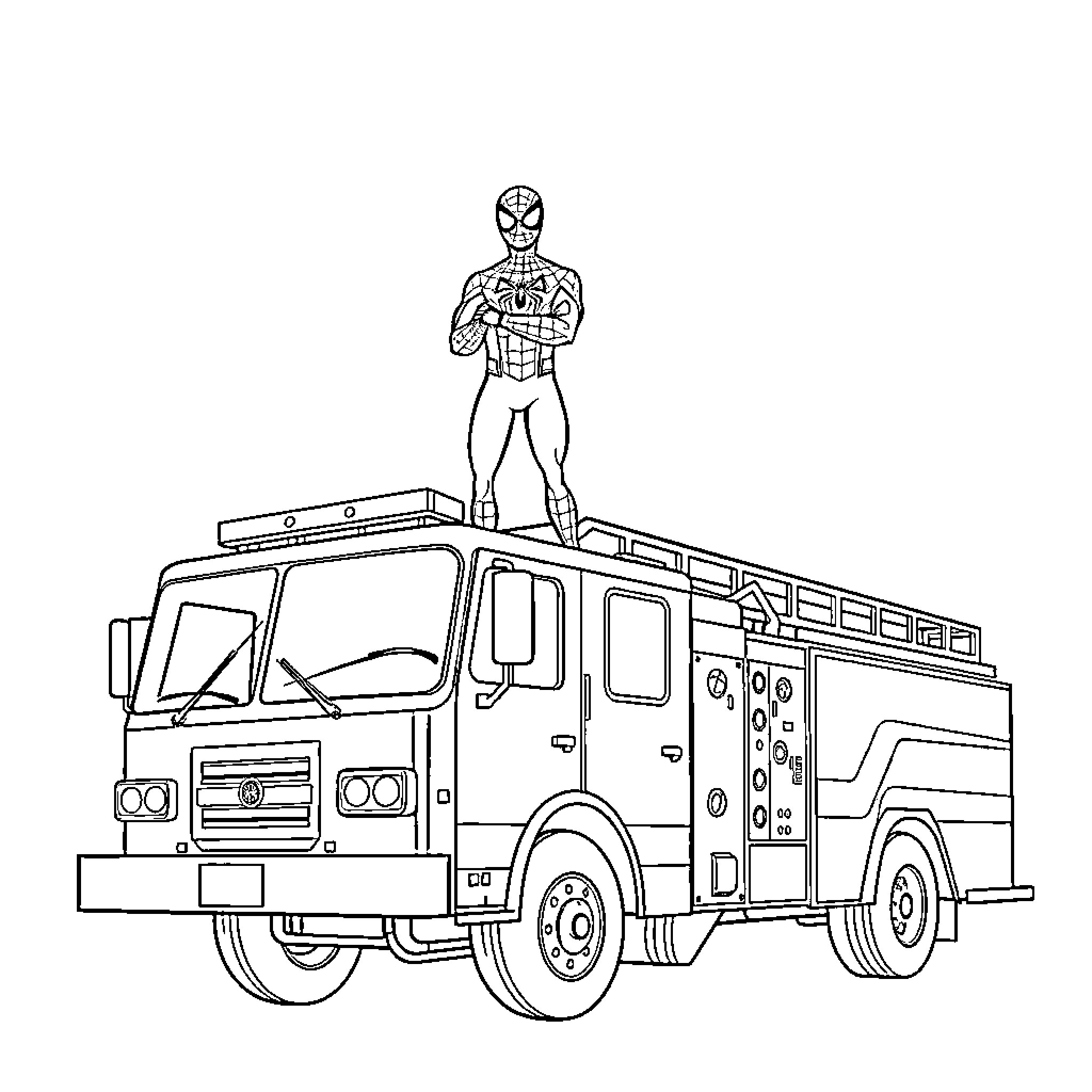Spiderman rescues civilians from fire engine Coloring Page (free black-and-white line drawing printable PDF for all, from beginners to advanced learners, including children, teens, adults, and seniors)