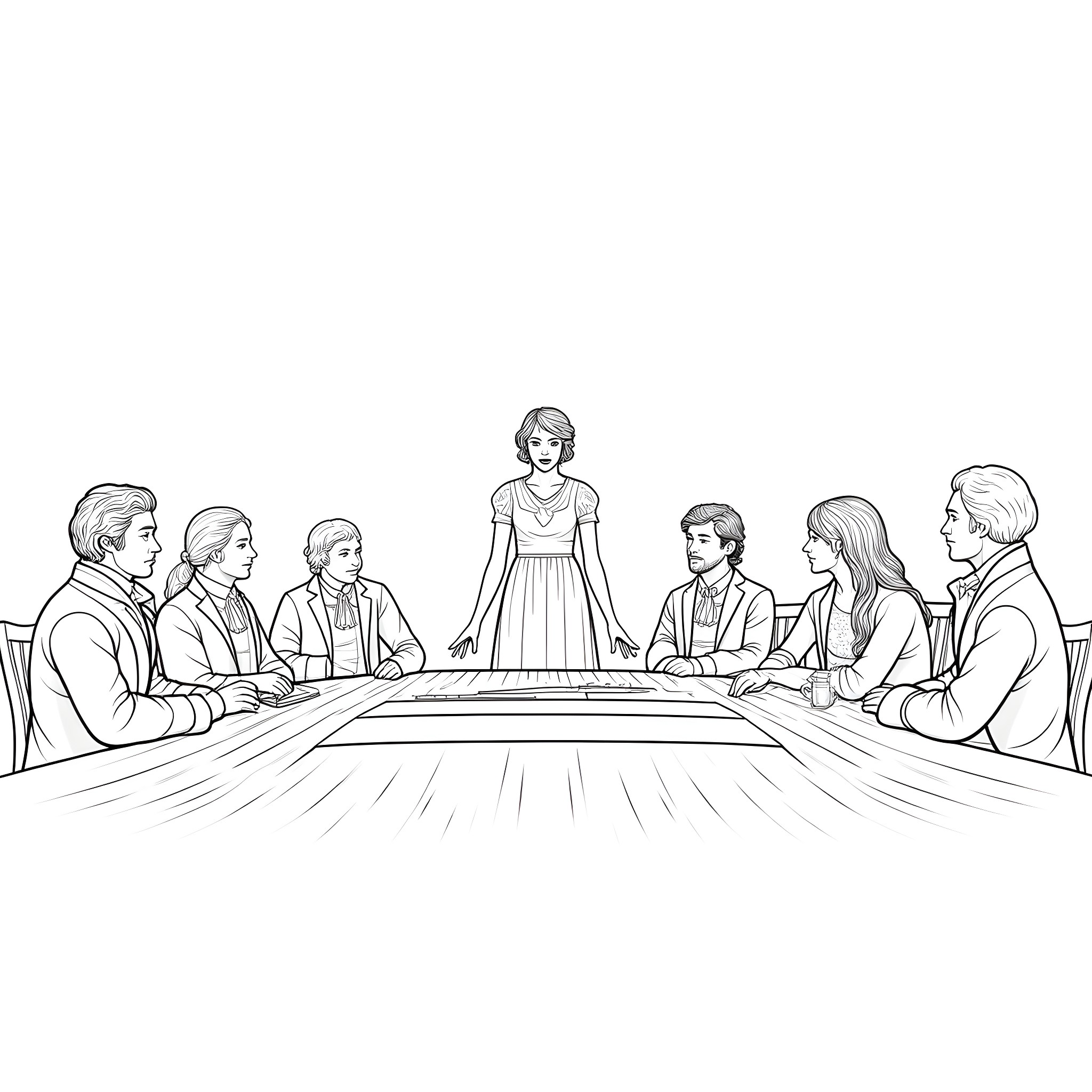 Taylor Swift in a formal meeting with colleagues Coloring Page (free black-and-white line drawing printable PDF for all, from beginners to advanced learners, including children, teens, adults, and seniors)