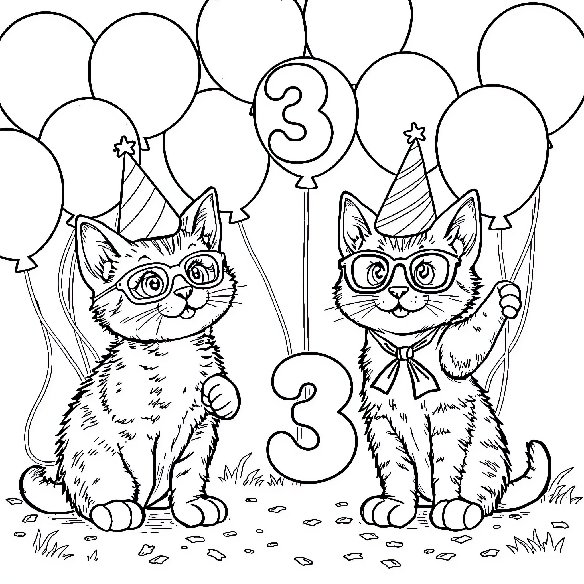 Kitty Cats Celebrating Third Birthday with Balloons Coloring Page (free black-and-white line drawing printable PDF for all, from beginners to advanced learners, including children, teens, adults, and seniors)