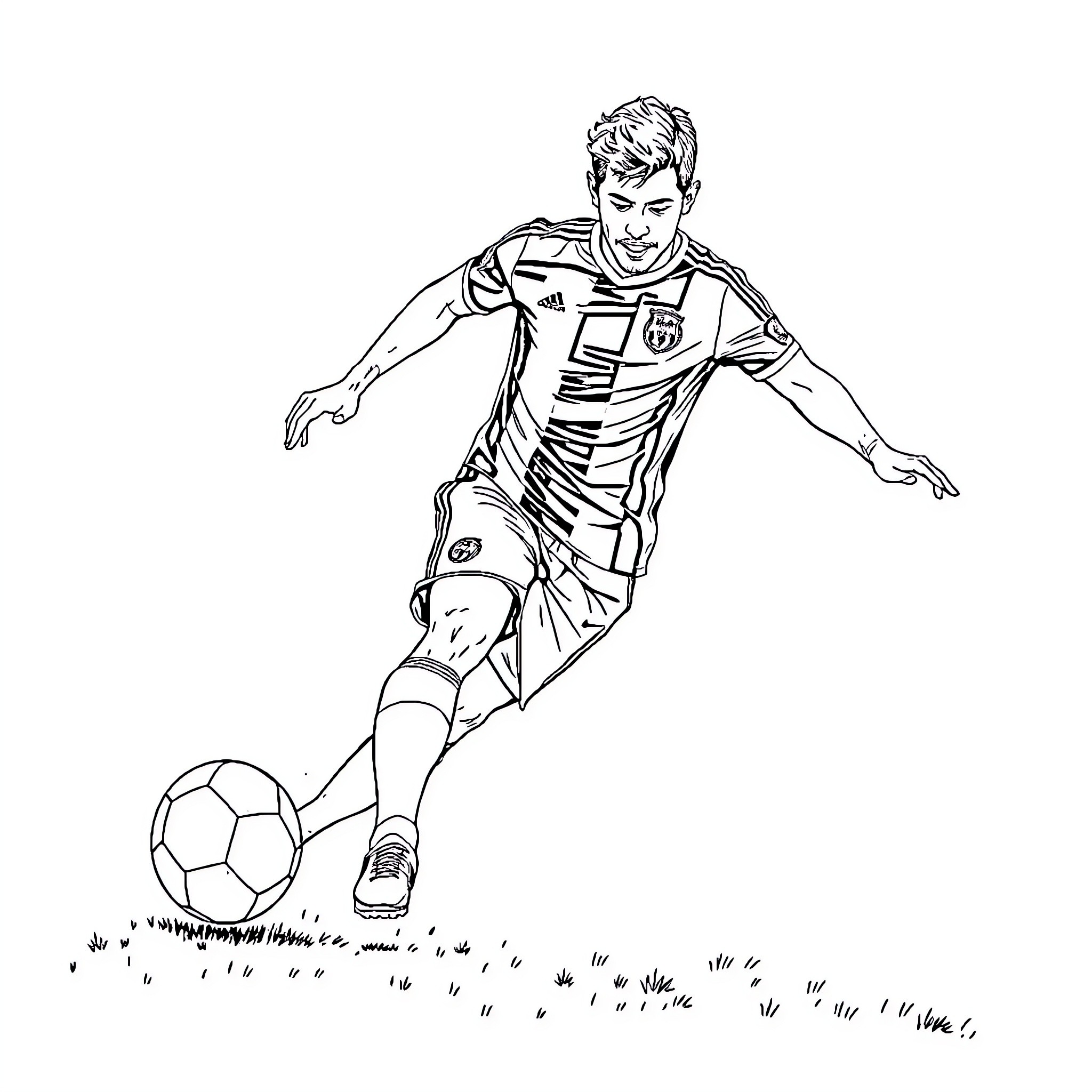 Jey Uso playing soccer with intensity Coloring Page (free black-and-white line drawing printable PDF for all, from beginners to advanced learners, including children, teens, adults, and seniors)
