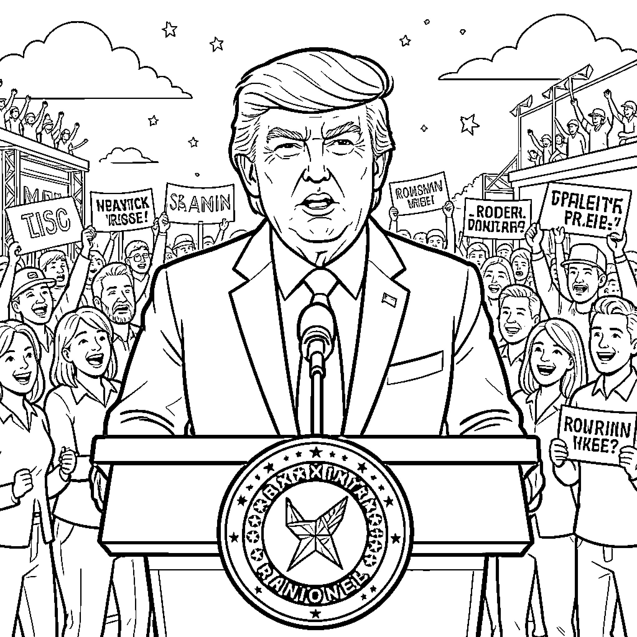 Trump giving a speech behind a podium to a crowd Coloring Page (free black-and-white line drawing printable PDF for all, from beginners to advanced learners, including children, teens, adults, and seniors)