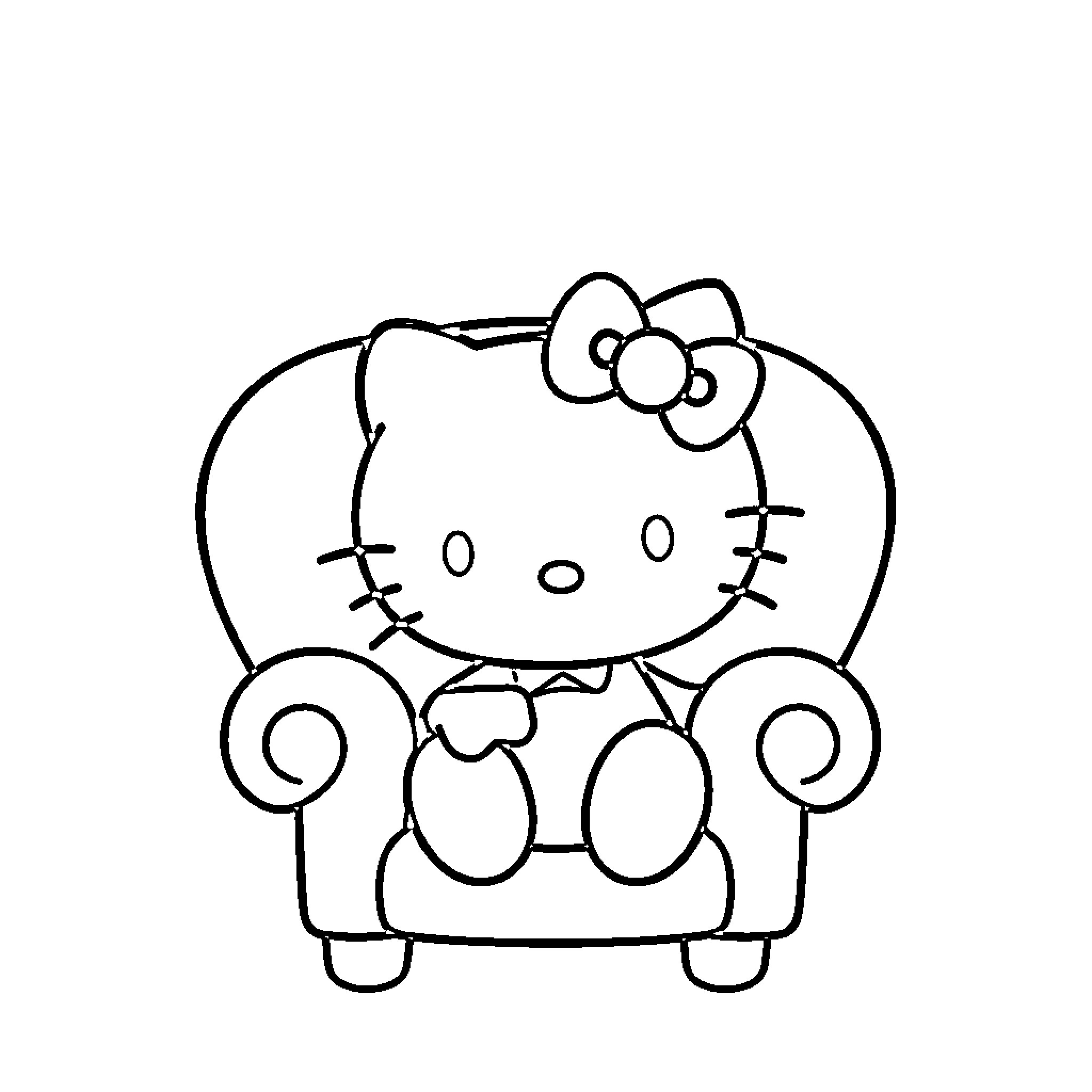 Hello Kitty sitting on a cozy chair Coloring Page (free black-and-white line drawing printable PDF for all, from beginners to advanced learners, including children, teens, adults, and seniors)