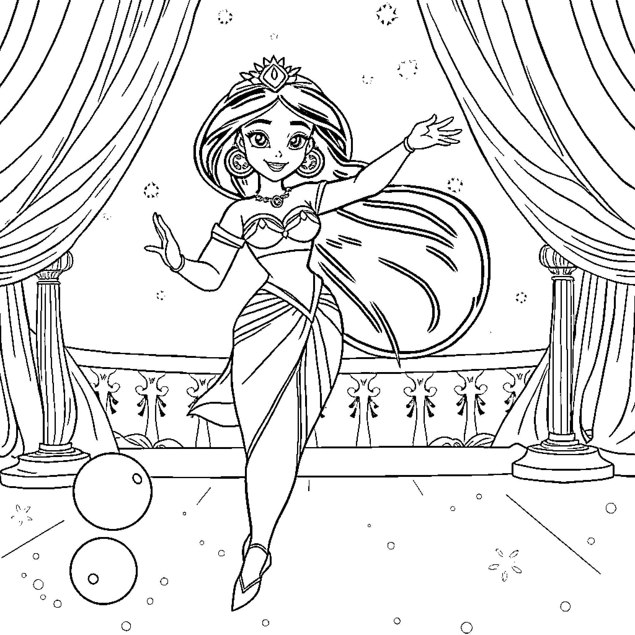 Princess Jasmine performing on stage Coloring Page (free black-and-white line drawing printable PDF for all, from beginners to advanced learners, including children, teens, adults, and seniors)