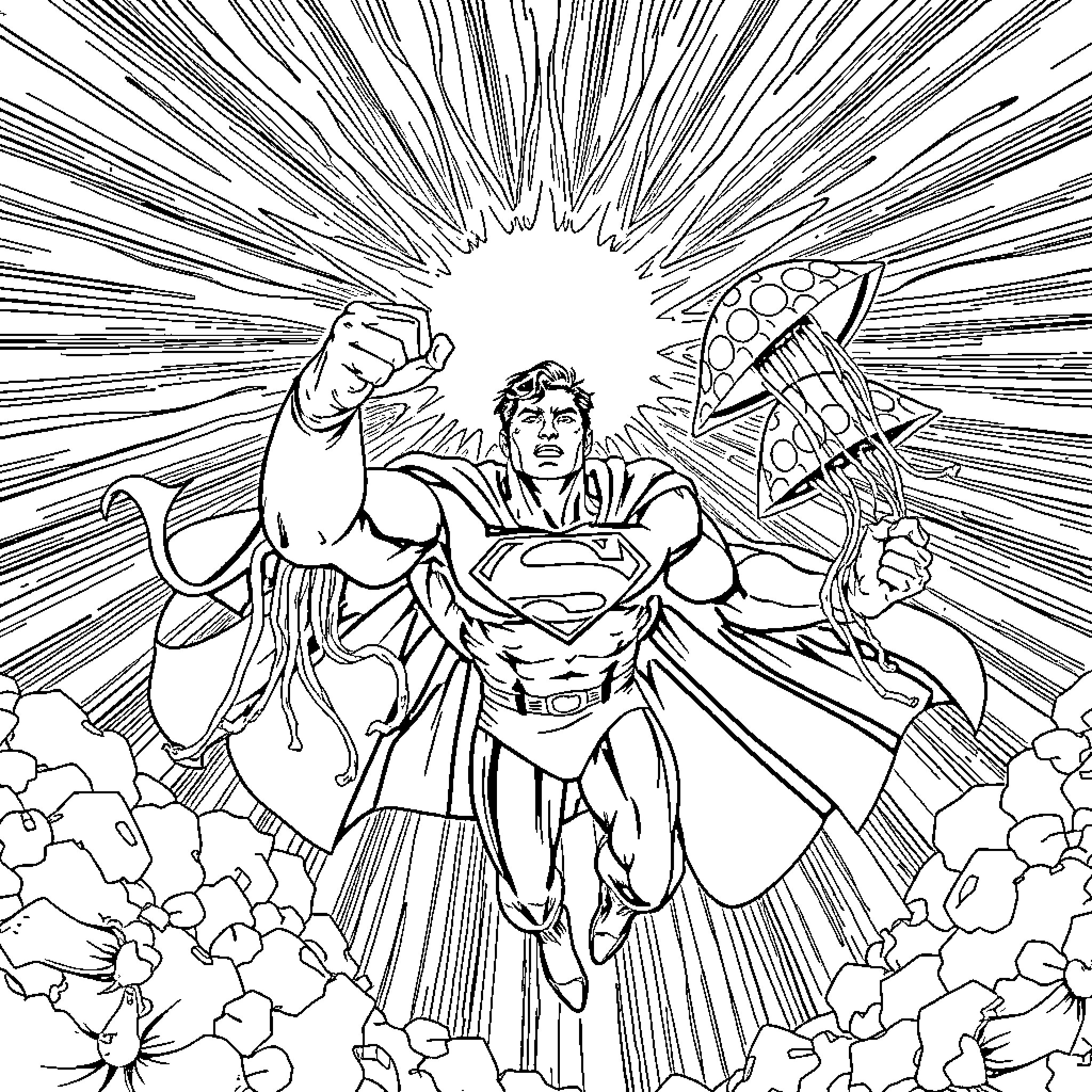 Superman in heroic action with superpowers Coloring Page (free black-and-white line drawing printable PDF for all, from beginners to advanced learners, including children, teens, adults, and seniors)