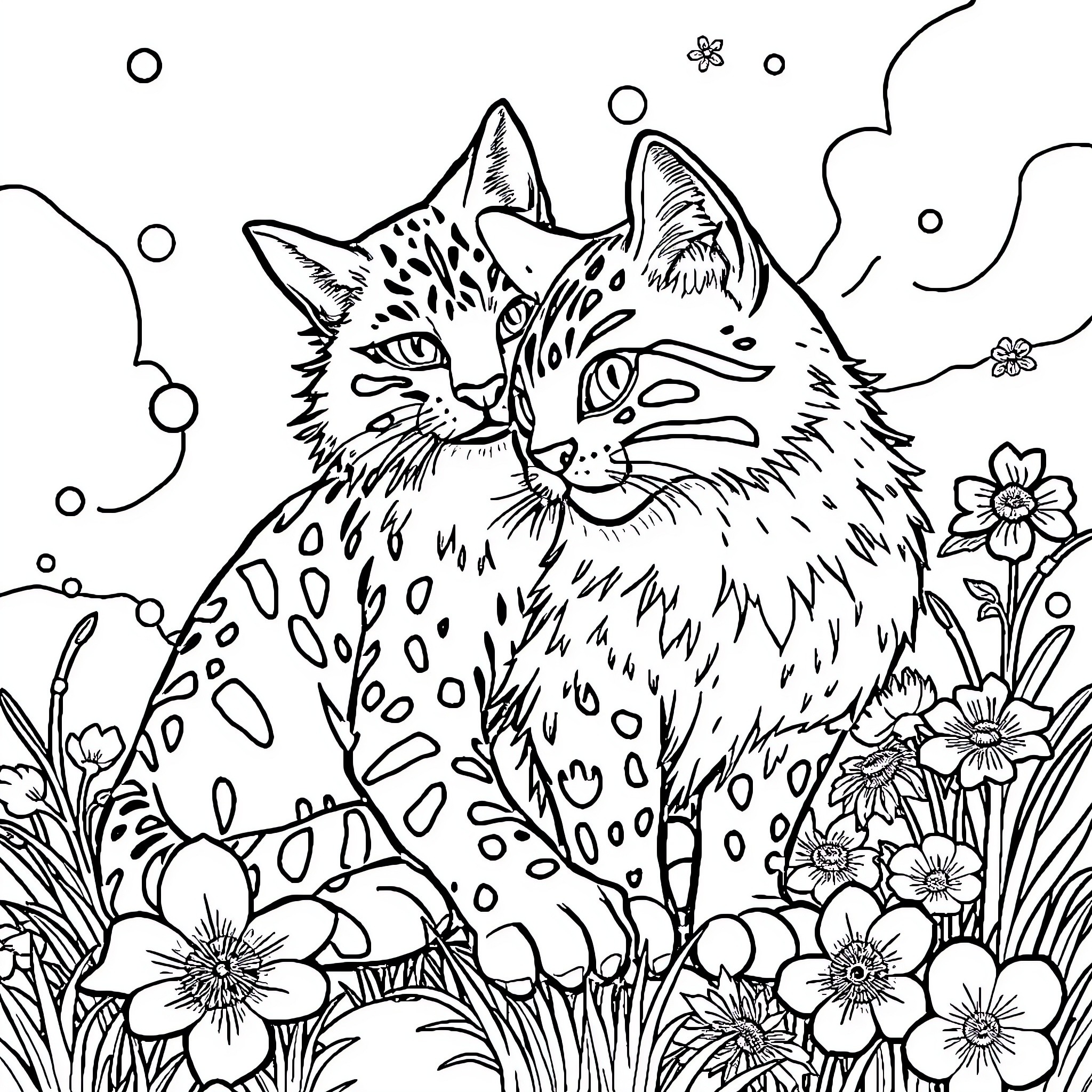 Tiger playfully peeking through a flowery garden Coloring Page (free black-and-white line drawing printable PDF for all, from beginners to advanced learners, including children, teens, adults, and seniors)