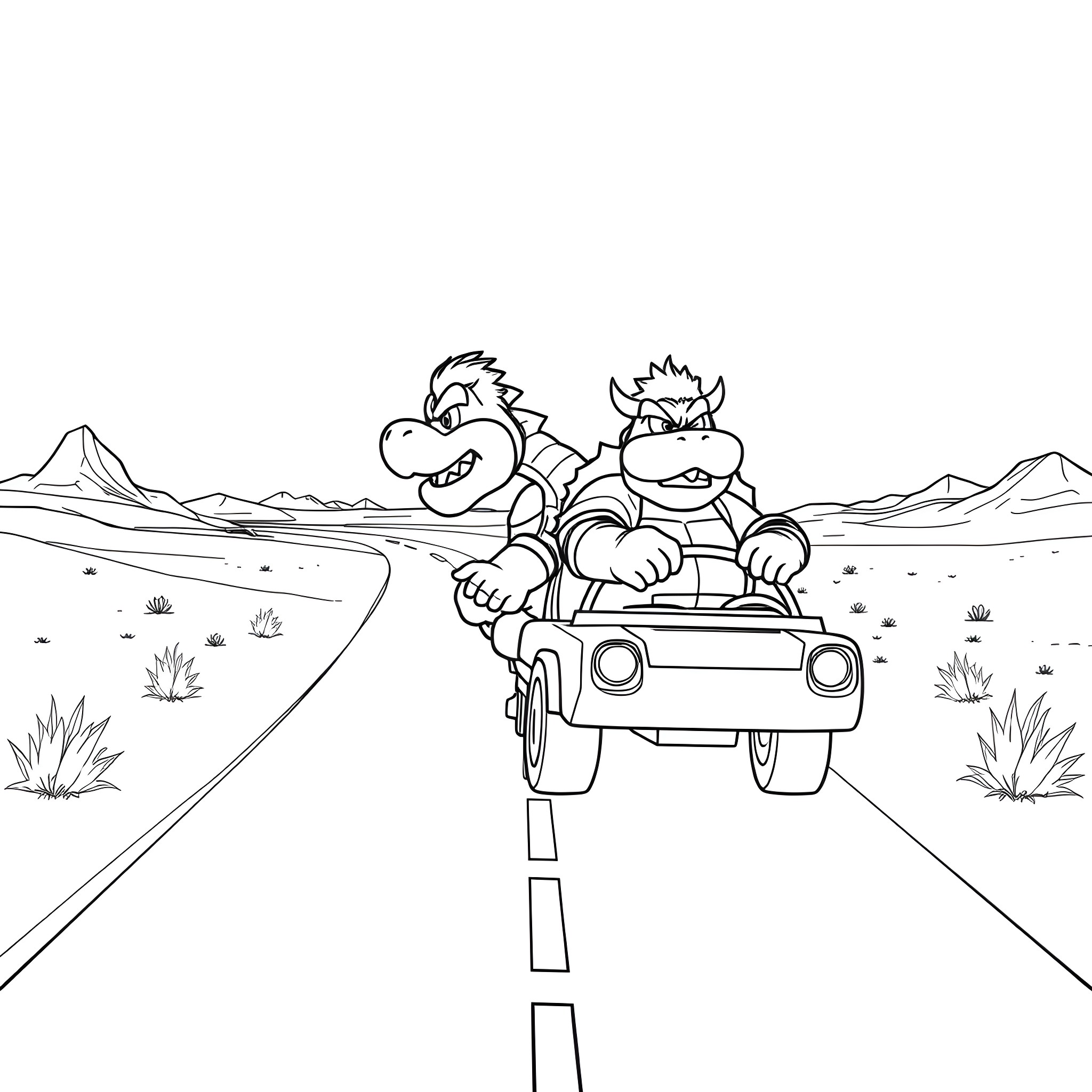 Bowser driving a car in a desert landscape Coloring Page (free black-and-white line drawing printable PDF for all, from beginners to advanced learners, including children, teens, adults, and seniors)