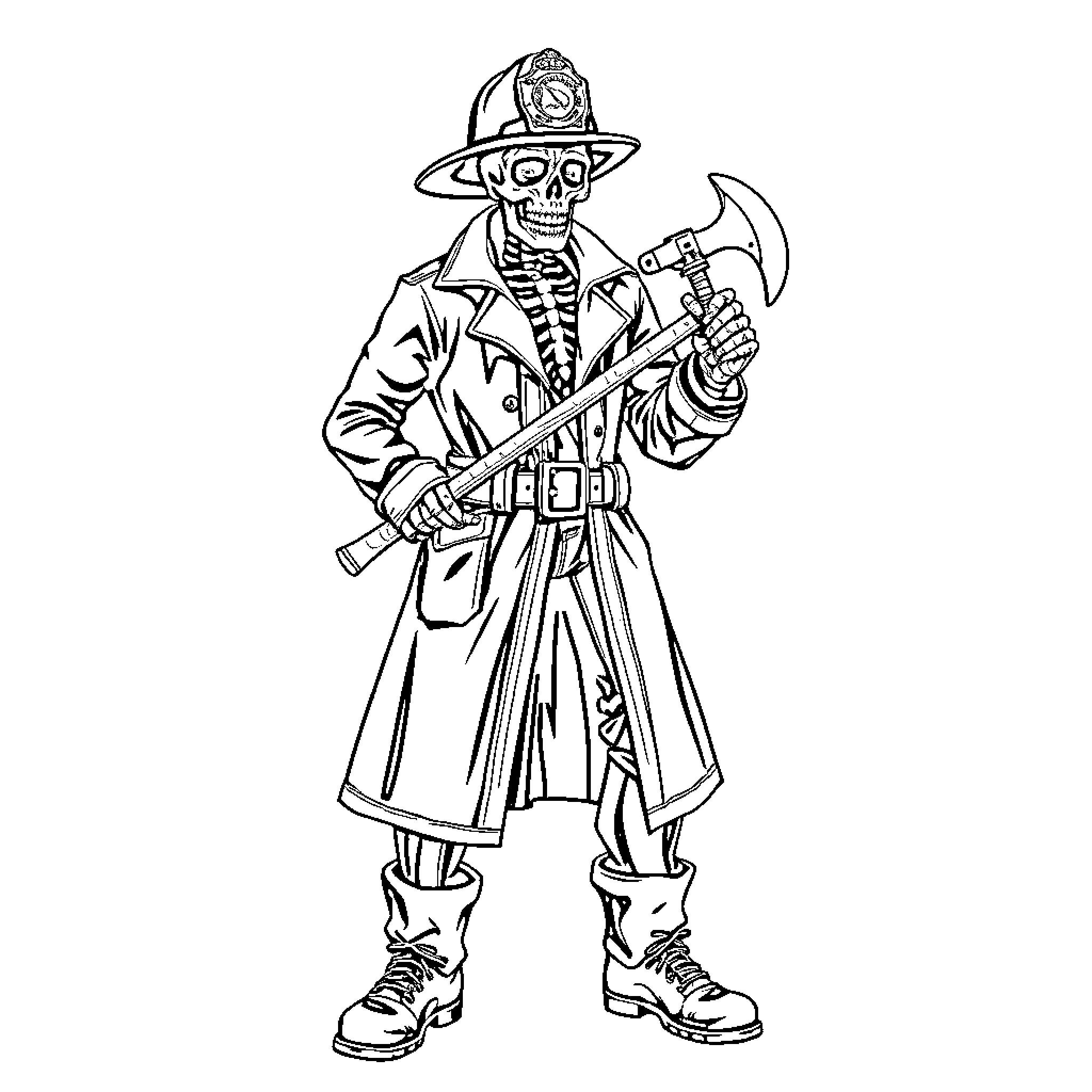Skeleton firefighter holding an axe Coloring Page (free black-and-white line drawing printable PDF for all, from beginners to advanced learners, including children, teens, adults, and seniors)