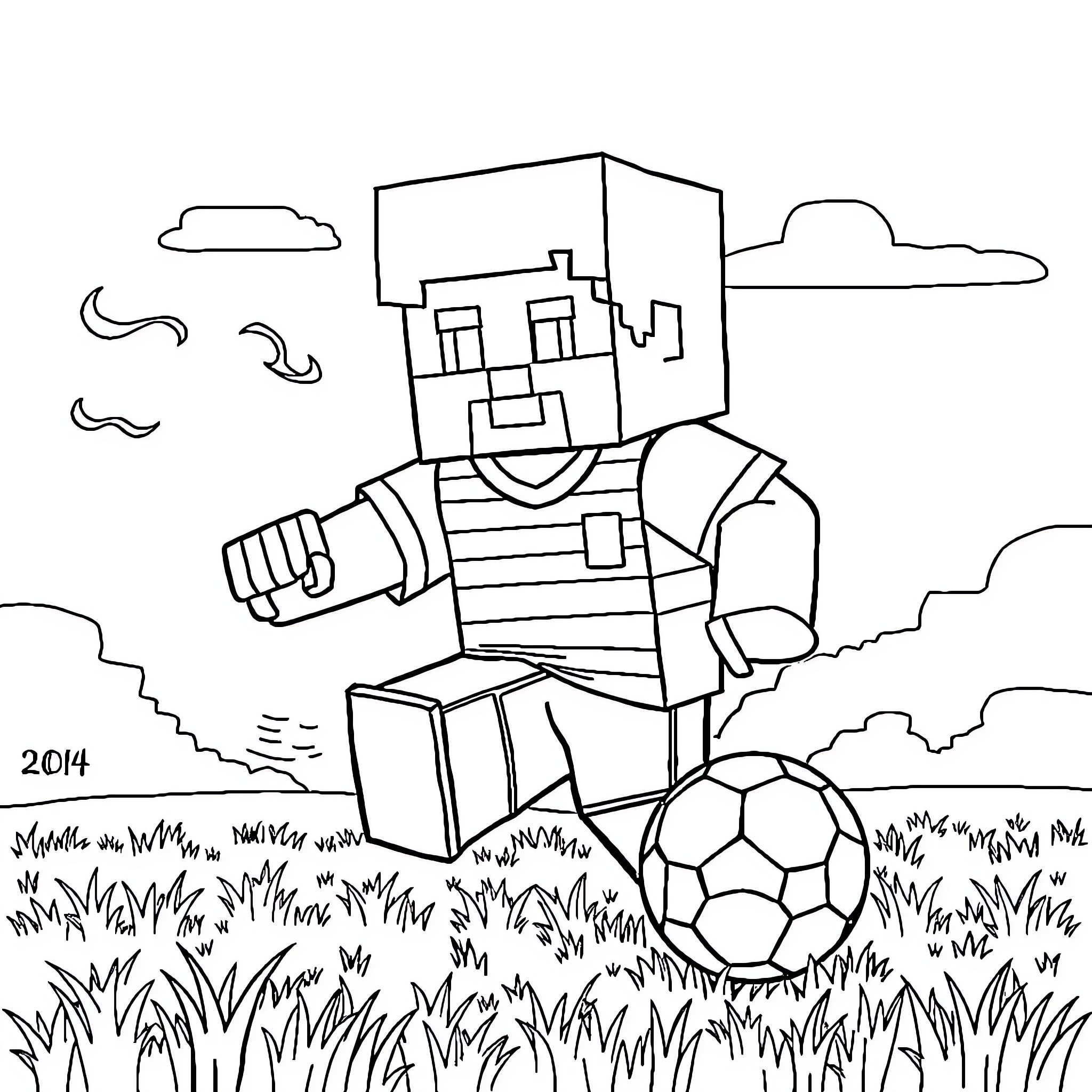 Steve playing soccer in a field with clouds Coloring Page (free black-and-white line drawing printable PDF for all, from beginners to advanced learners, including children, teens, adults, and seniors)