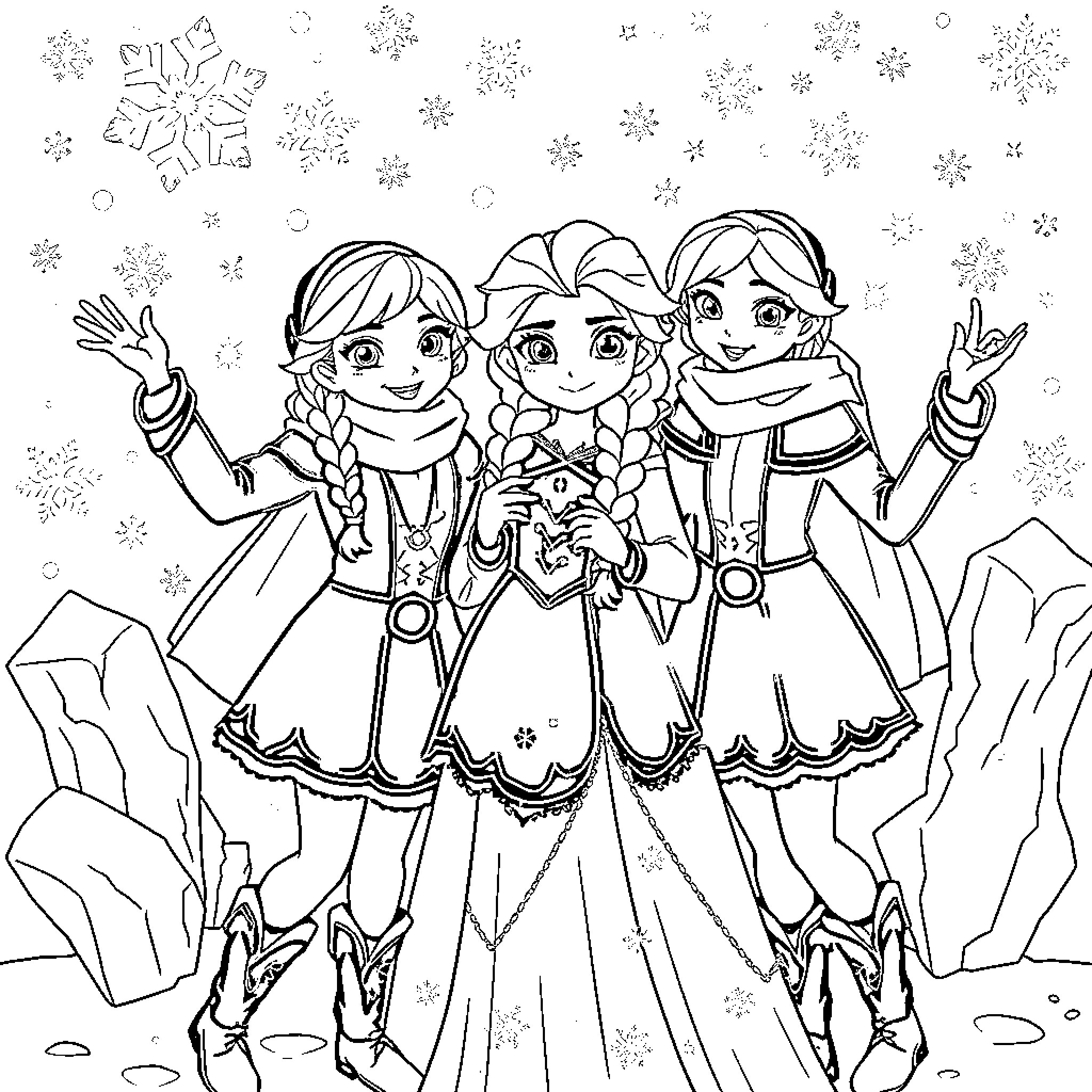 Elsa and her friends in winter wonderland Coloring Page (free black-and-white line drawing printable PDF for all, from beginners to advanced learners, including children, teens, adults, and seniors)