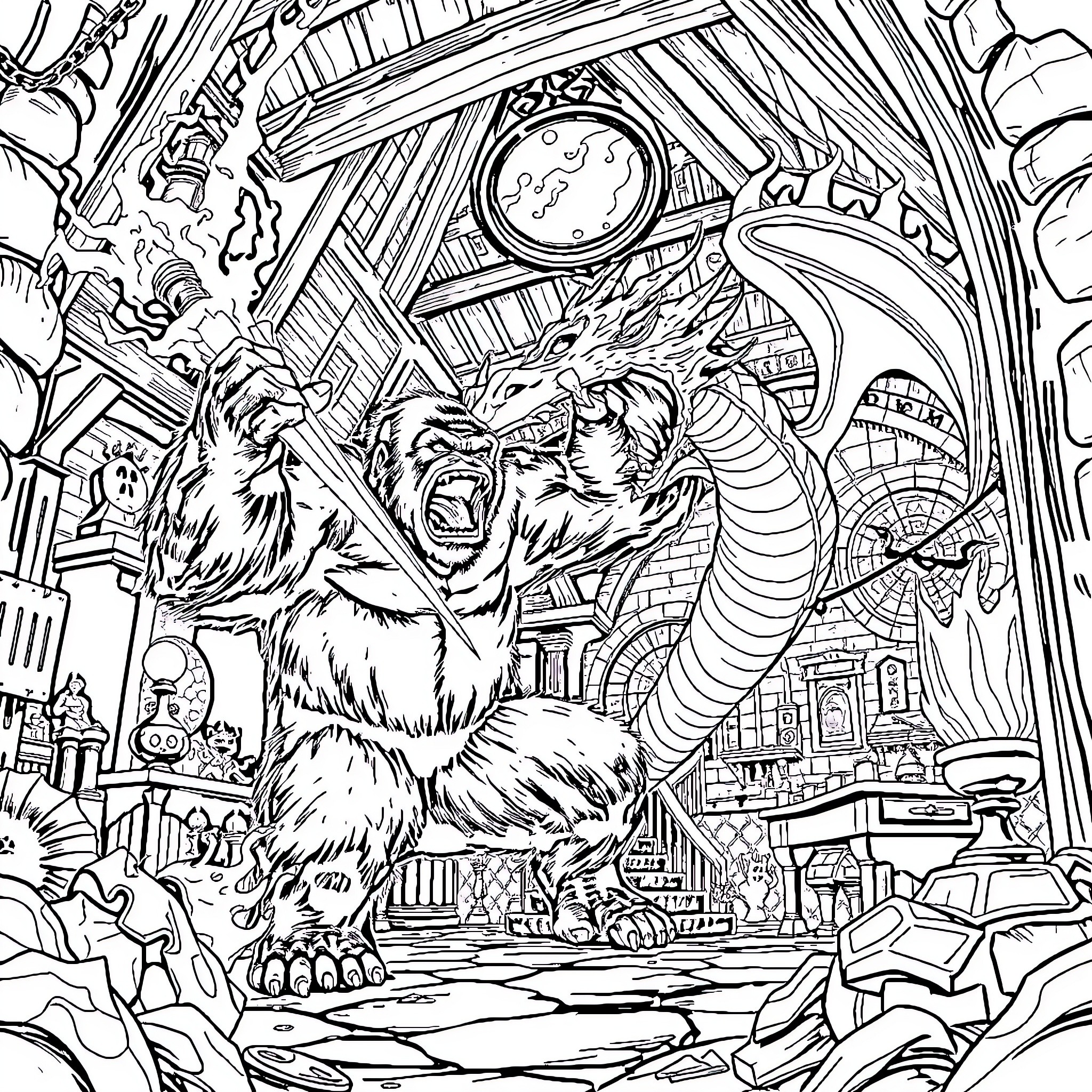 King Kong battles a monstrous serpent in a fantastical city Coloring Page (free black-and-white line drawing printable PDF for all, from beginners to advanced learners, including children, teens, adults, and seniors)