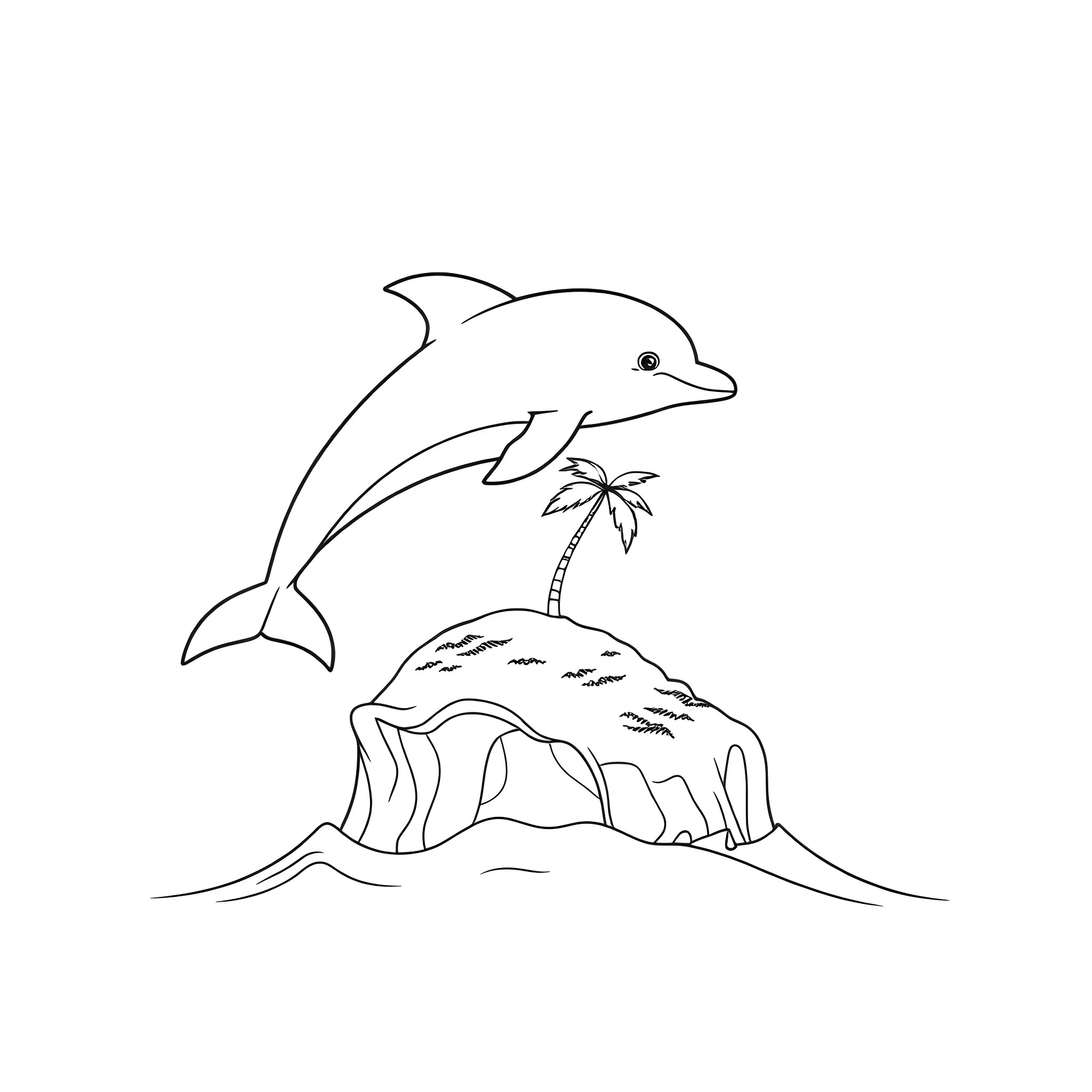 Dolphin Leaping Over Tropical Island Coloring Page (free black-and-white line drawing printable PDF for all, from beginners to advanced learners, including children, teens, adults, and seniors)