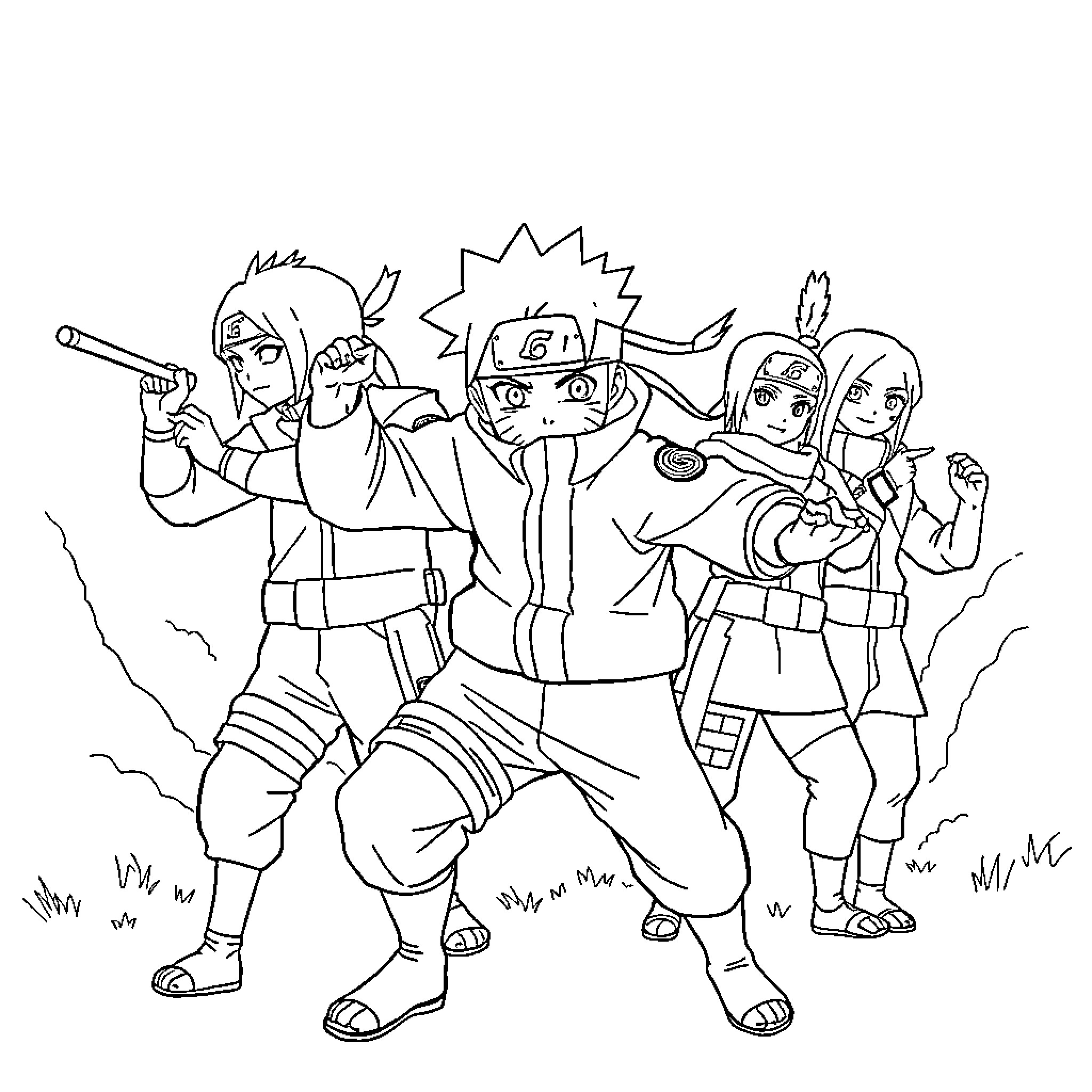 Naruto and friends in action-packed adventure Coloring Page (free black-and-white line drawing printable PDF for all, from beginners to advanced learners, including children, teens, adults, and seniors)