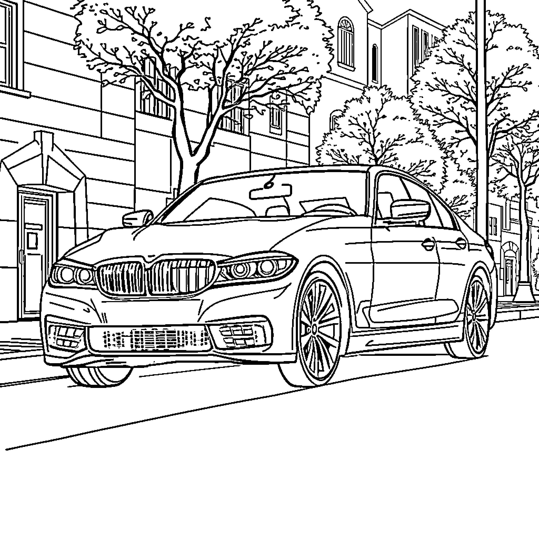 BMW luxury sedan driving through urban street Coloring Page (free black-and-white line drawing printable PDF for all, from beginners to advanced learners, including children, teens, adults, and seniors)