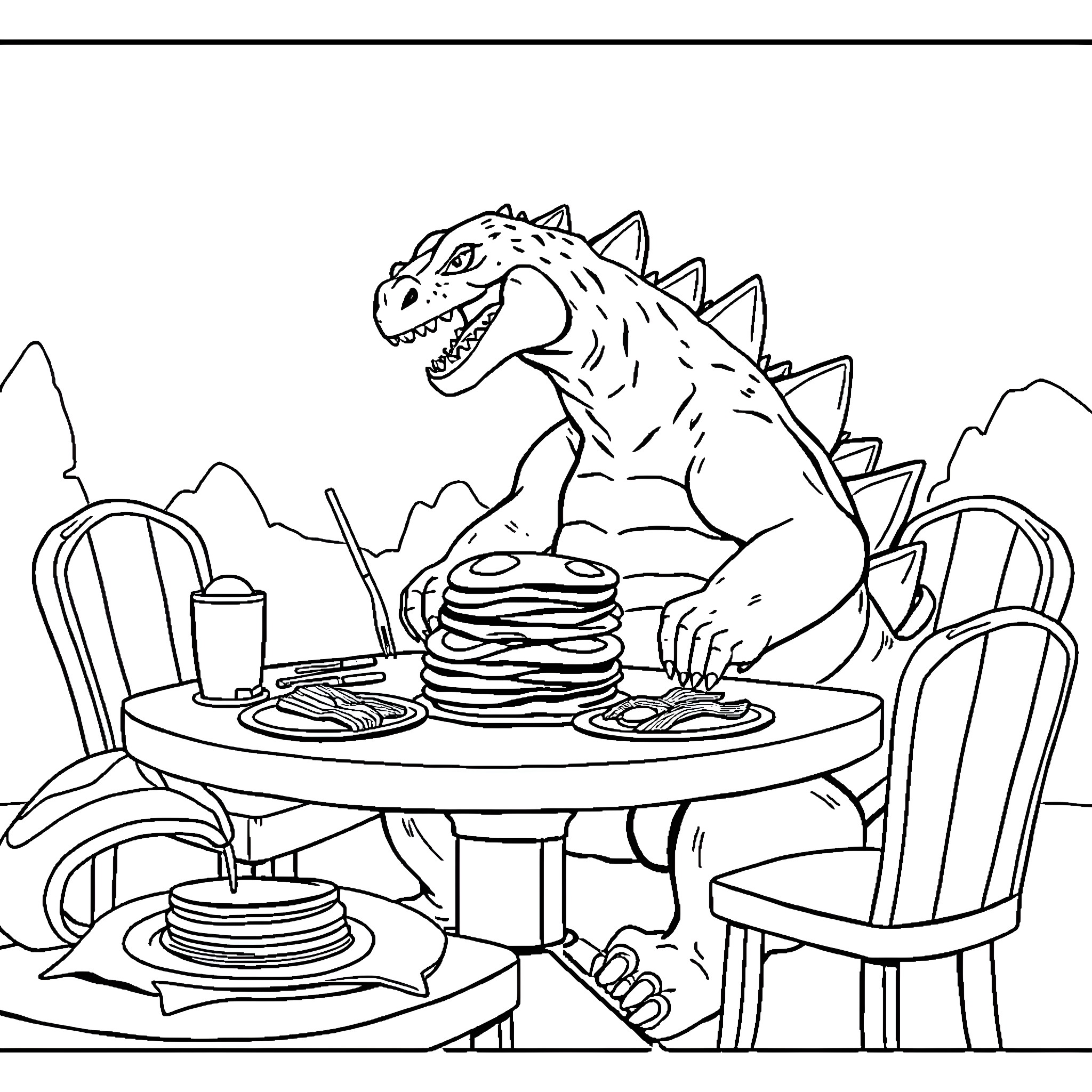 Godzilla enjoying a hearty meal at a diner Coloring Page (free black-and-white line drawing printable PDF for all, from beginners to advanced learners, including children, teens, adults, and seniors)