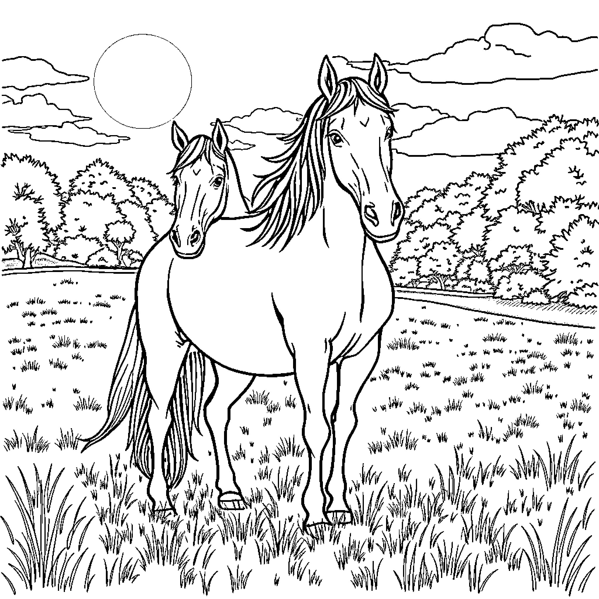 Horse pair grazing in serene countryside Coloring Page (free black-and-white line drawing printable PDF for all, from beginners to advanced learners, including children, teens, adults, and seniors)