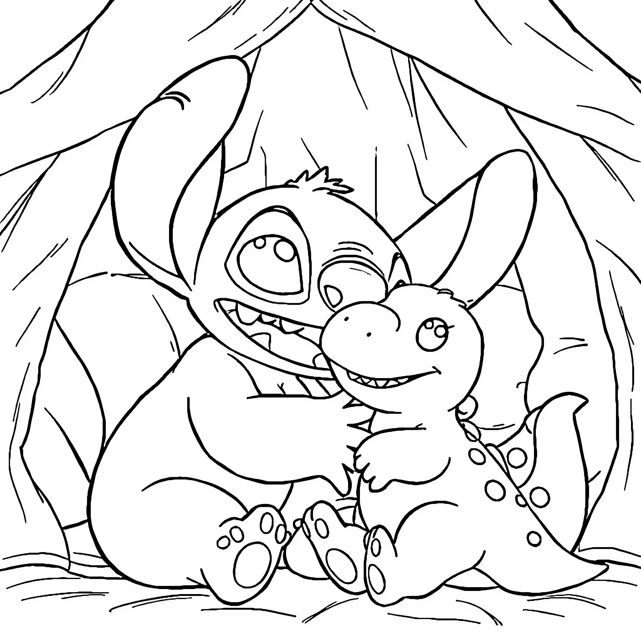 Stitch lounging in the jungle Coloring Page (free black-and-white line drawing printable PDF for all, from beginners to advanced learners, including children, teens, adults, and seniors)