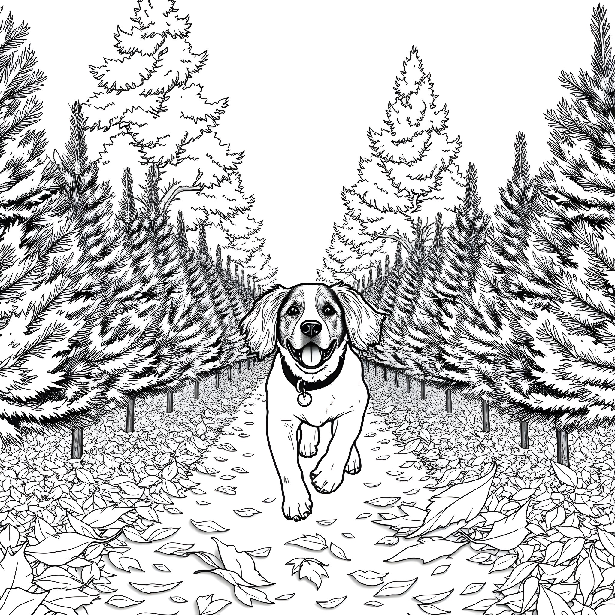 Dog exploring the forest path Coloring Page (free black-and-white line drawing printable PDF for all, from beginners to advanced learners, including children, teens, adults, and seniors)