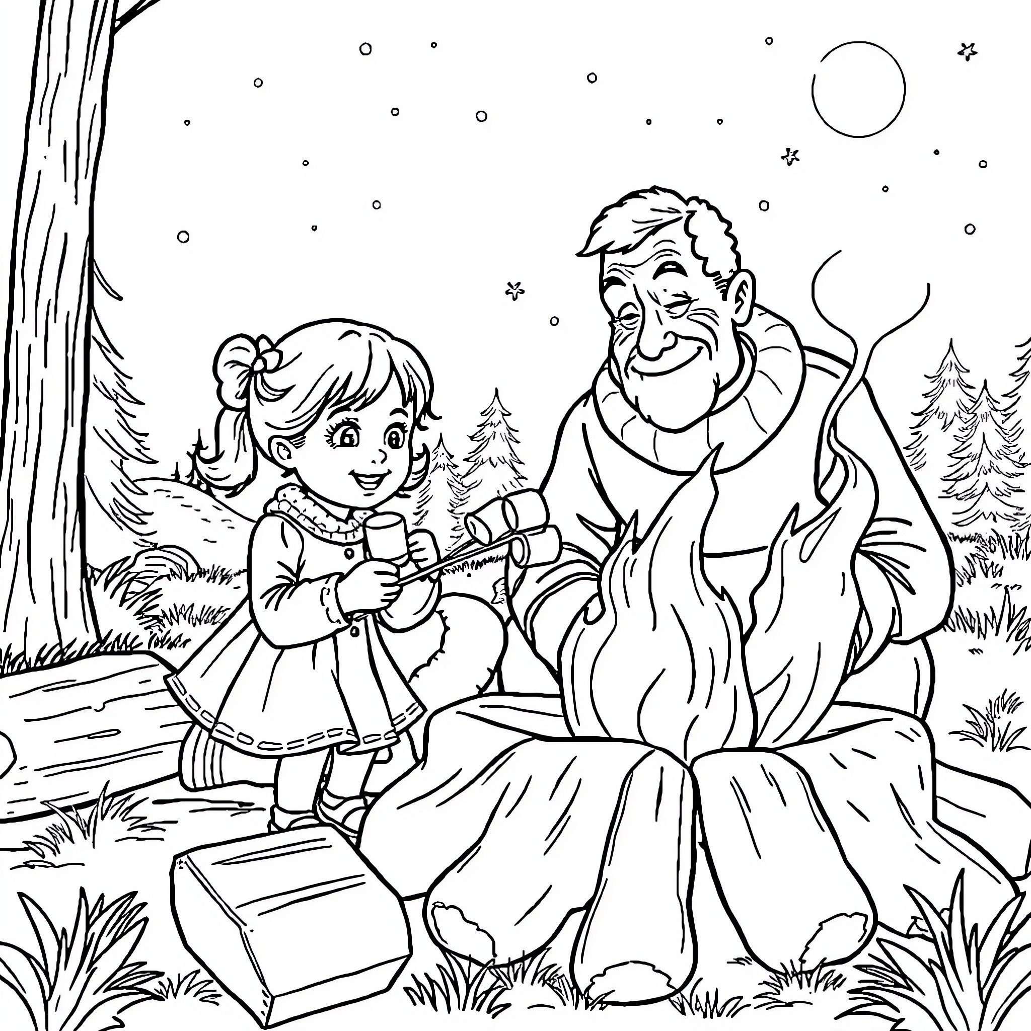 Girl sharing stories with friendly old man in snowy forest Coloring Page (free black-and-white line drawing printable PDF for all, from beginners to advanced learners, including children, teens, adults, and seniors)