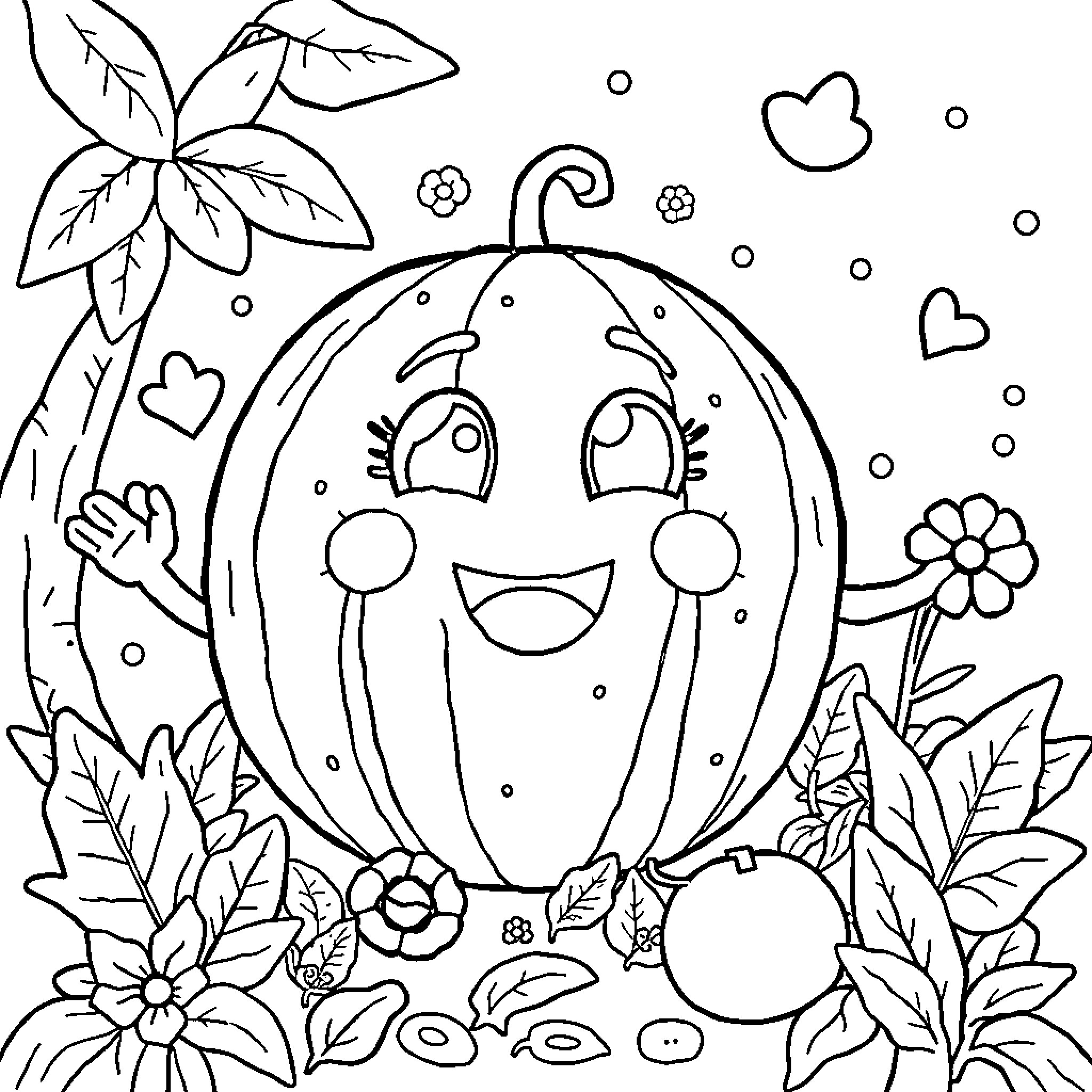 Cocomelon Cute Character Playing in Flower Garden Coloring Page (free black-and-white line drawing printable PDF for all, from beginners to advanced learners, including children, teens, adults, and seniors)