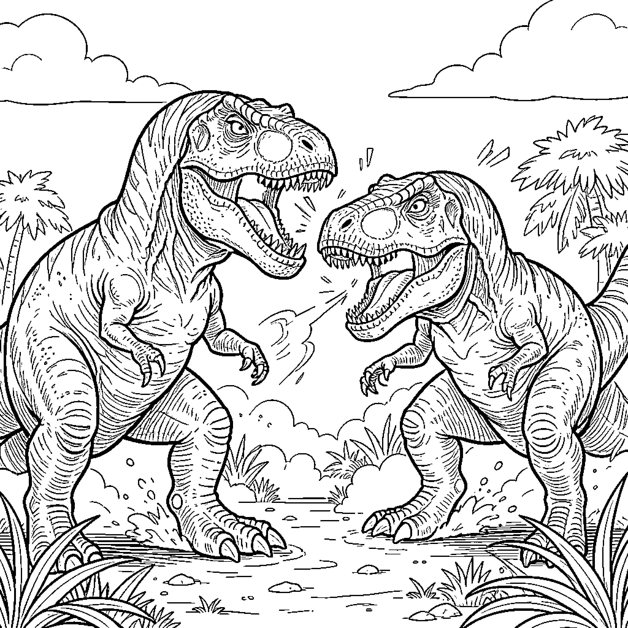 Dinosaur roaring intensely at another in a prehistoric jungle Coloring Page (free black-and-white line drawing printable PDF for all, from beginners to advanced learners, including children, teens, adults, and seniors)