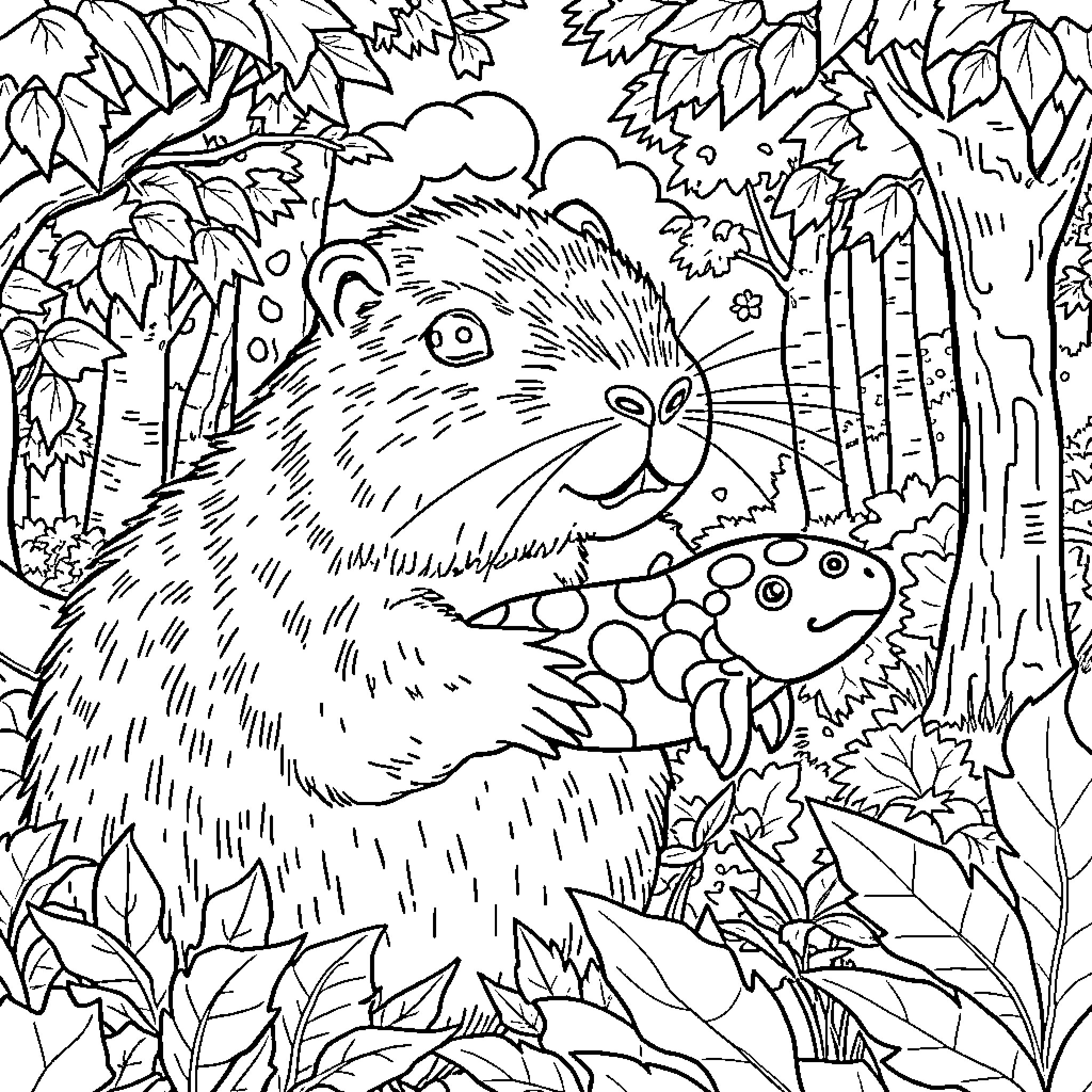 Capybara exploring the lush forest surroundings Coloring Page (free black-and-white line drawing printable PDF for all, from beginners to advanced learners, including children, teens, adults, and seniors)