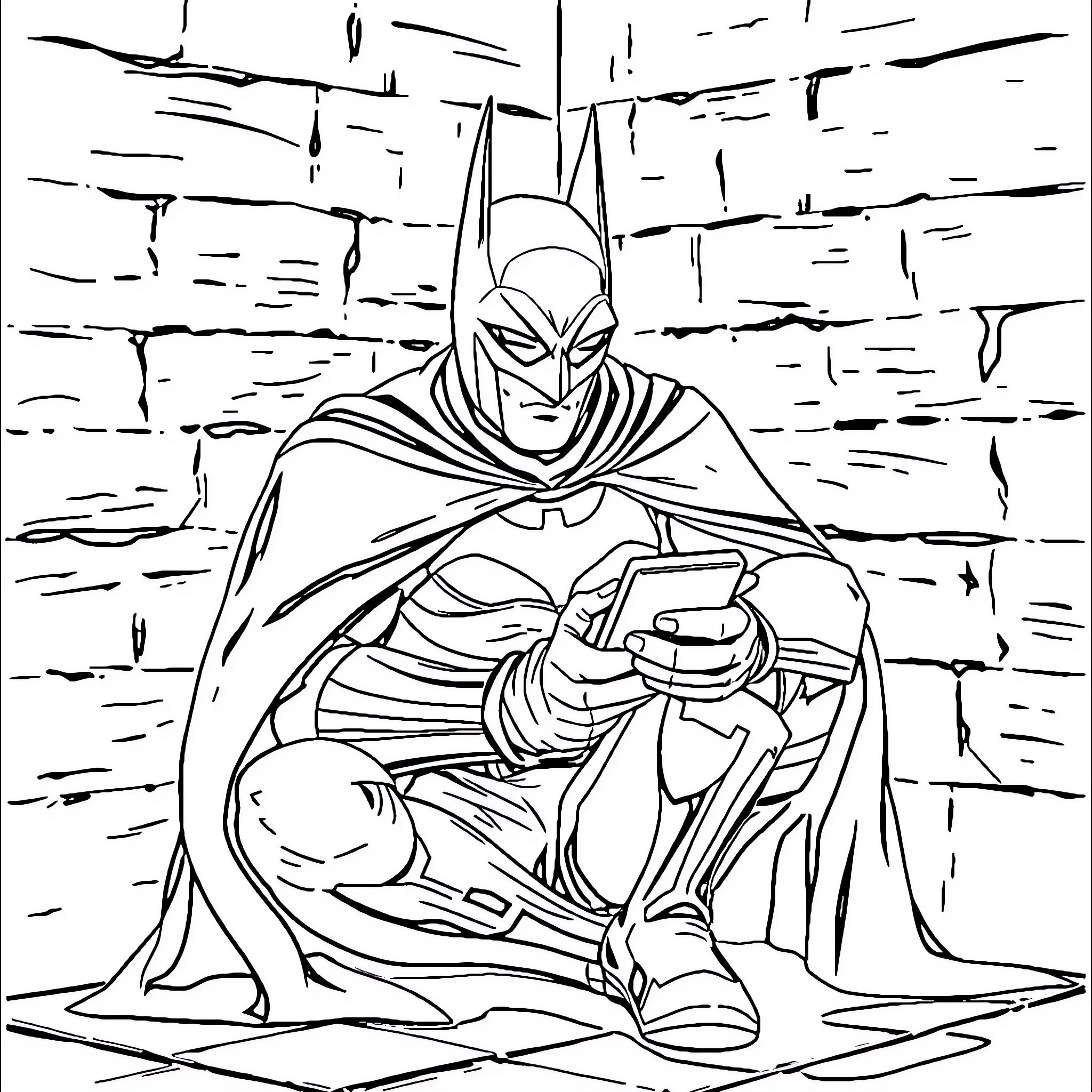 Batman on a vigilant mission in Gotham City Coloring Page (free black-and-white line drawing printable PDF for all, from beginners to advanced learners, including children, teens, adults, and seniors)